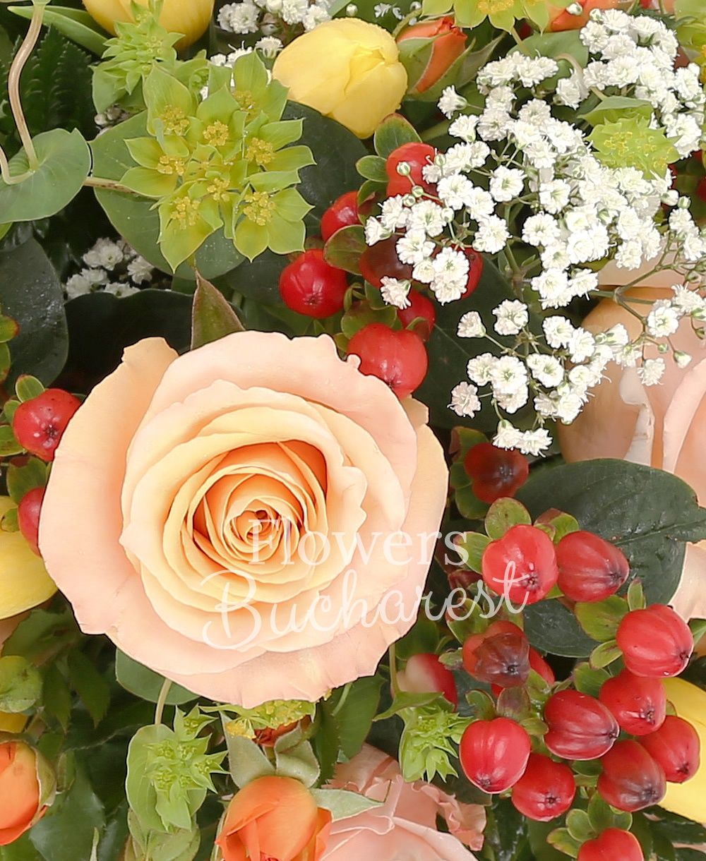 6 cream roses, 5 orange miniroses, 3 red hypericum, 7 yellow tulips, greenery