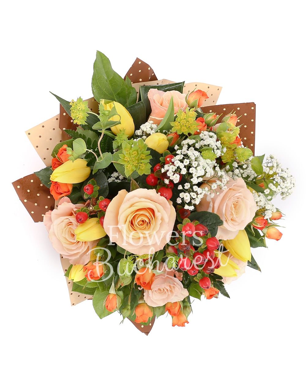 6 cream roses, 5 orange miniroses, 3 red hypericum, 7 yellow tulips, greenery