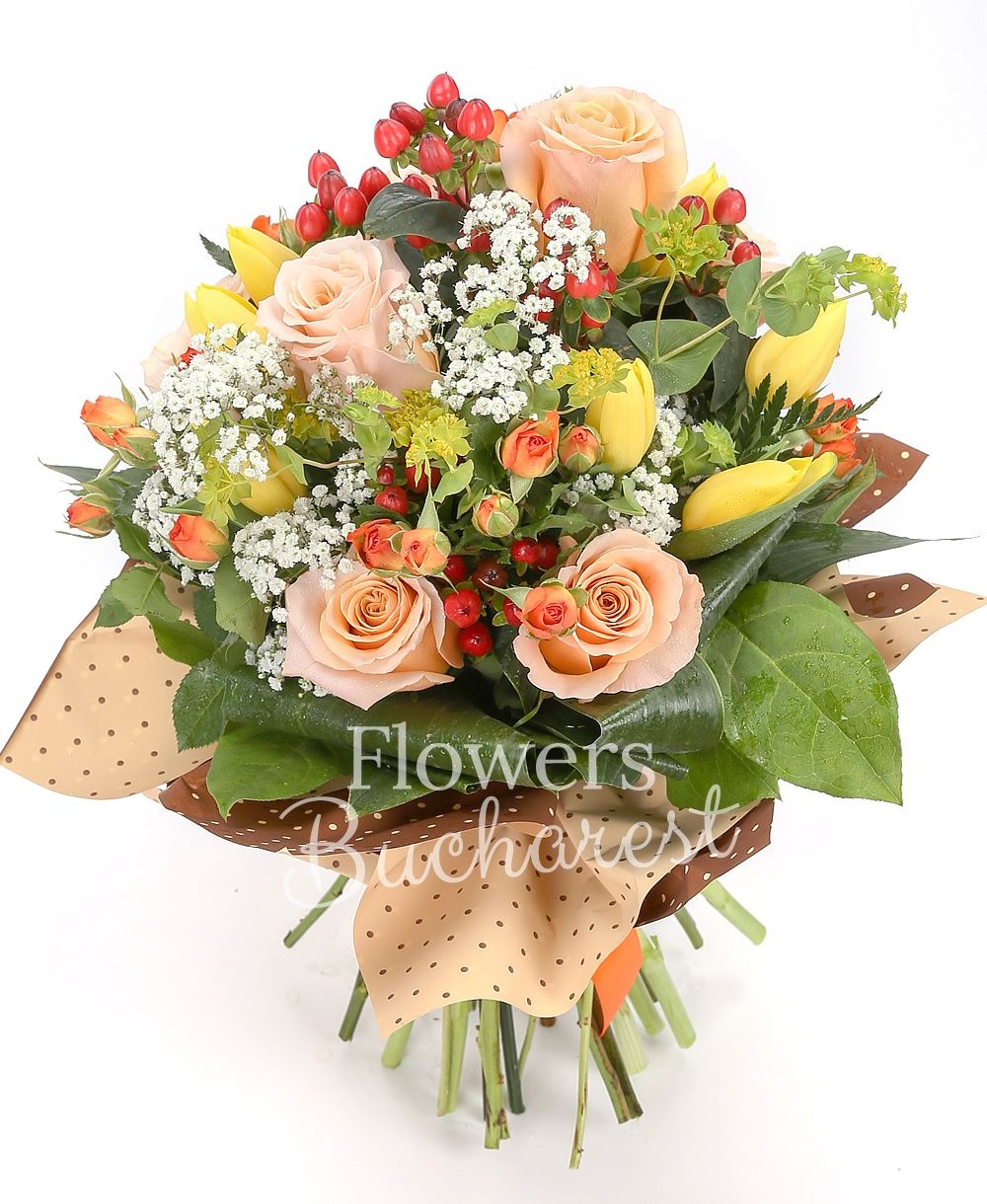 6 cream roses, 5 orange miniroses, 3 red hypericum, 7 yellow tulips, greenery