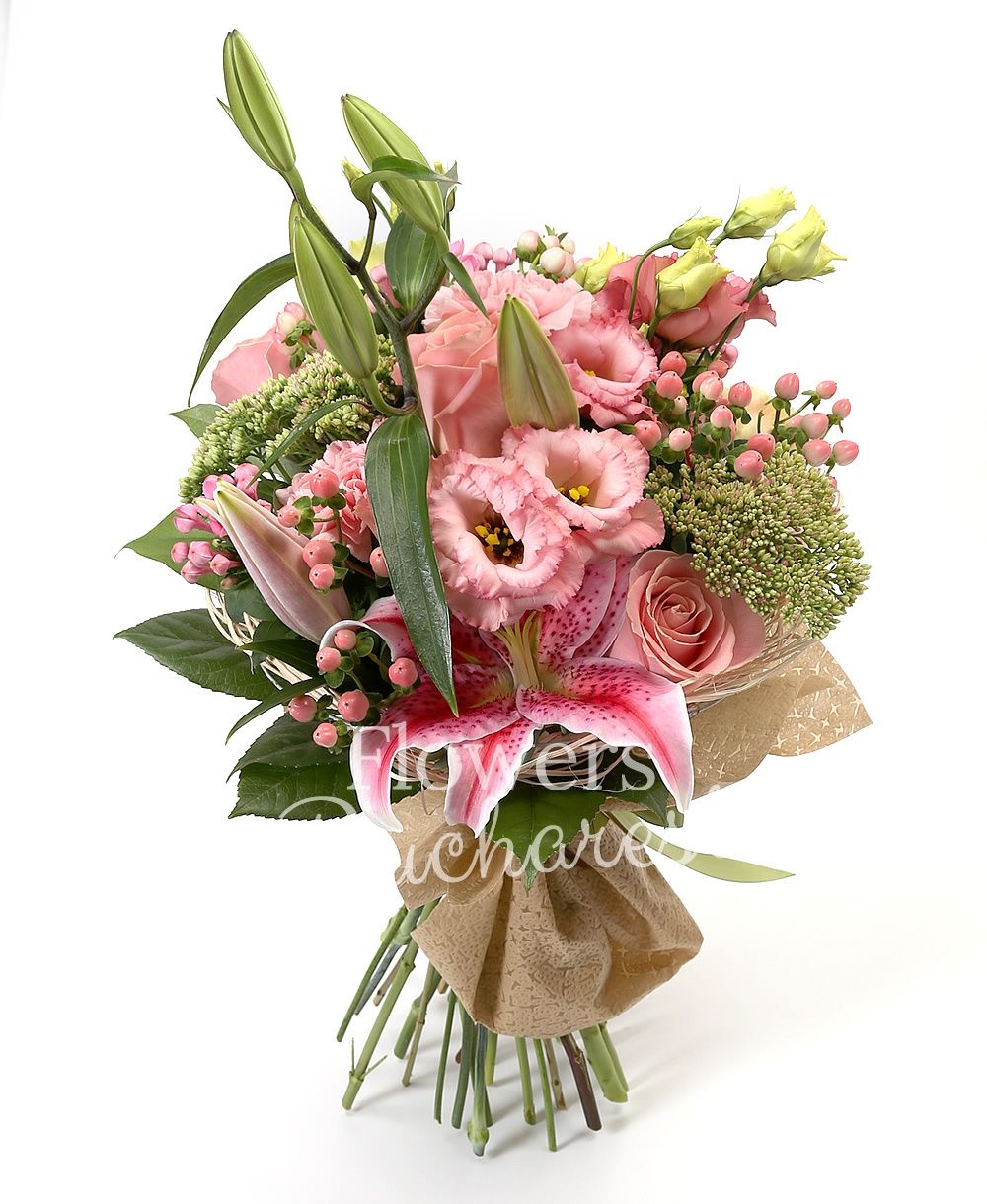 1 pink lily, 3 pink roses, 3 pink lisianthus, 5 pink hypericum, 3 pink bouvardia, 3 pink carnations, 2 sedum, greenery