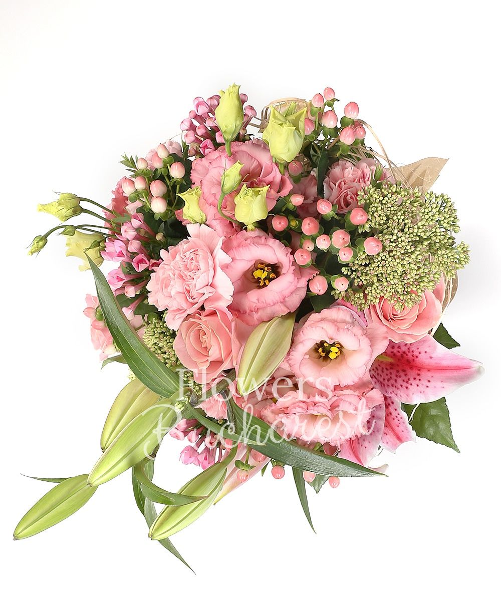 1 pink lily, 3 pink roses, 3 pink lisianthus, 5 pink hypericum, 3 pink bouvardia, 3 pink carnations, 2 sedum, greenery