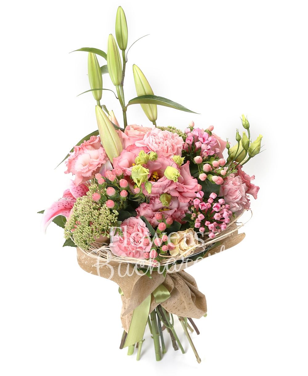 1 pink lily, 3 pink roses, 3 pink lisianthus, 5 pink hypericum, 3 pink bouvardia, 3 pink carnations, 2 sedum, greenery
