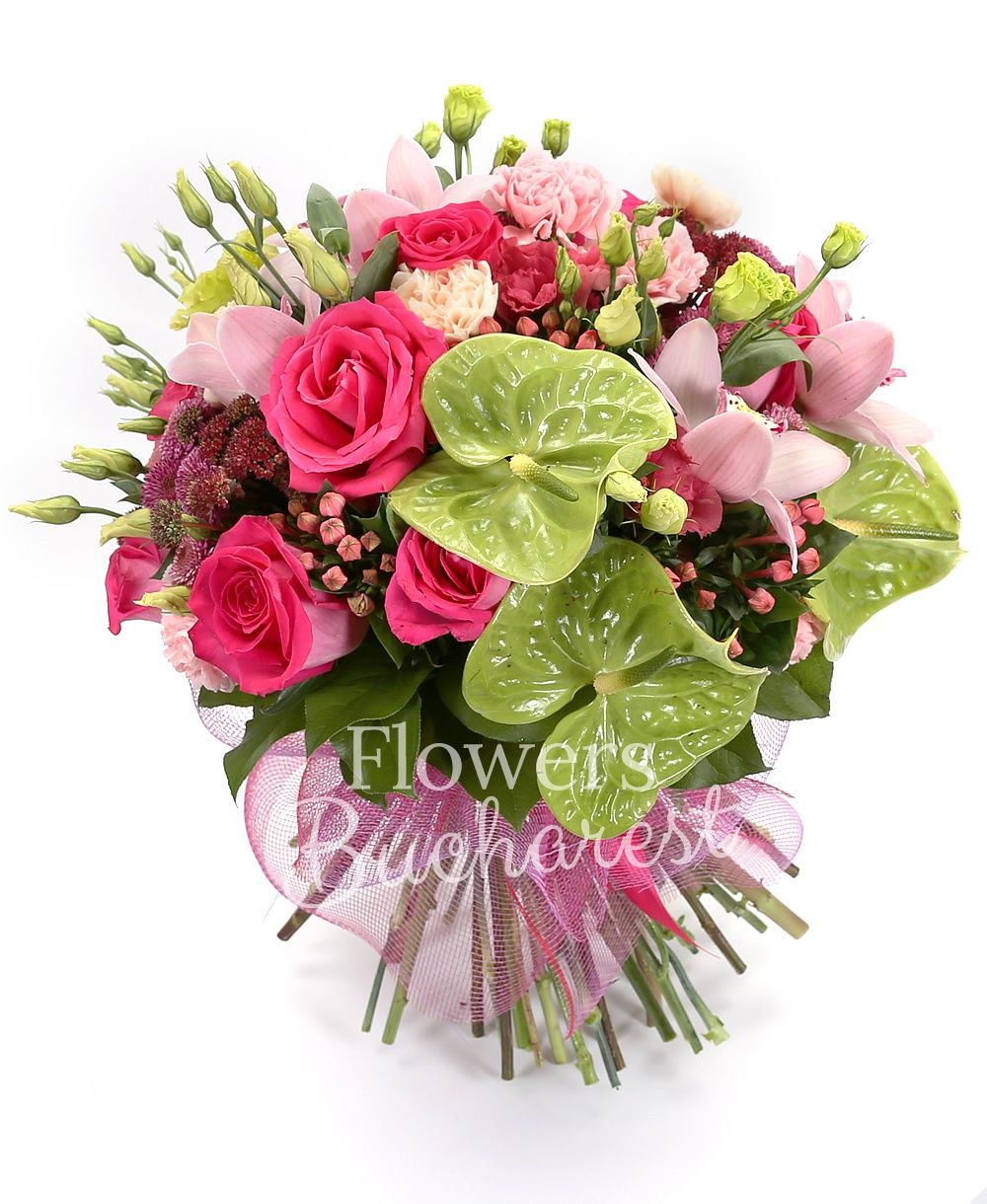 3 antirrhinum, 11 pink roses, 5 green lisianthus, 5 pink lisianthus, 5 sedum, 6 cream carnations, 6 pink carnations, 7 bouvardia, 5 pink santini, pink cymbidium, greenery