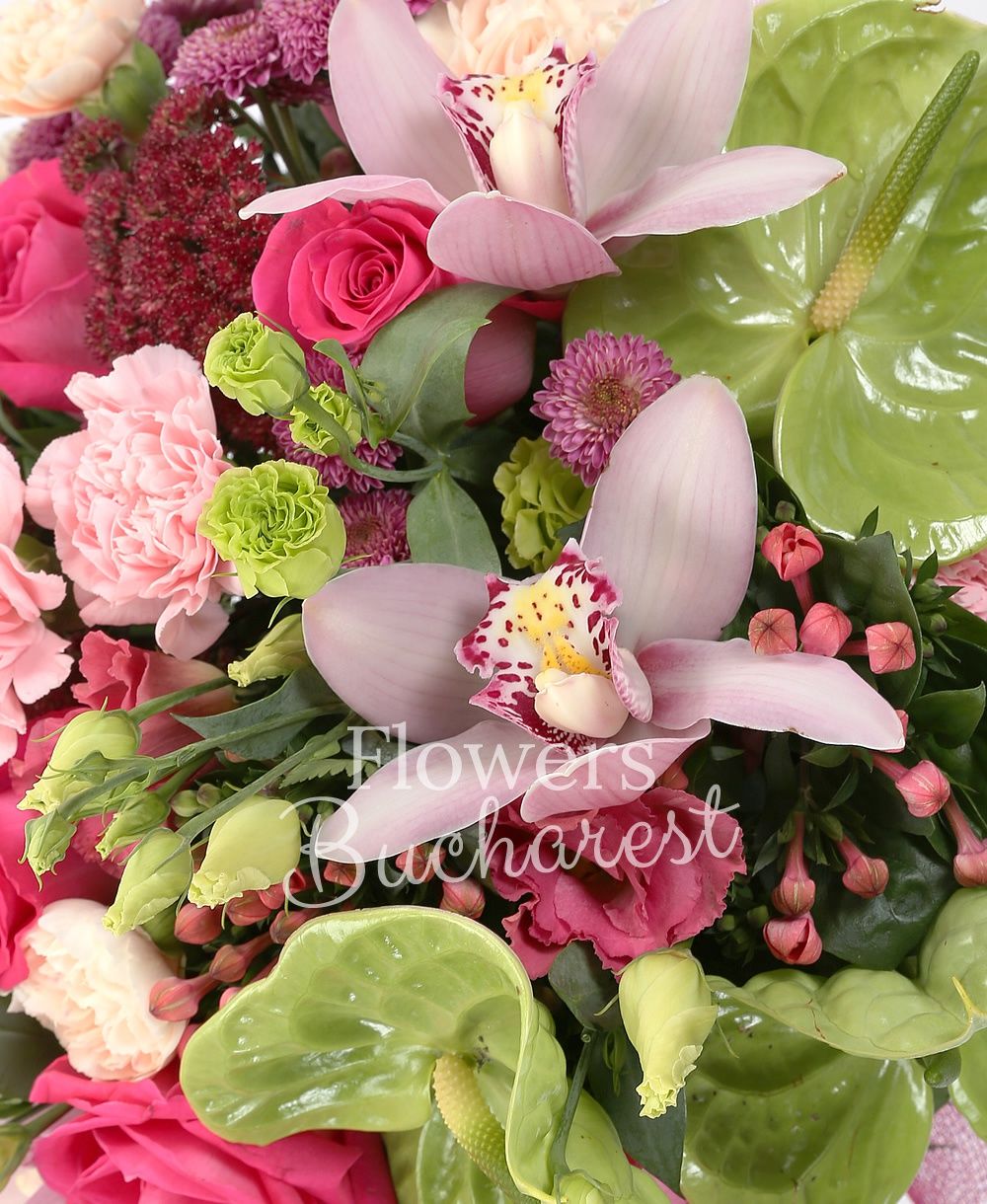 3 antirrhinum, 11 pink roses, 5 green lisianthus, 5 pink lisianthus, 5 sedum, 6 cream carnations, 6 pink carnations, 7 bouvardia, 5 pink santini, pink cymbidium, greenery