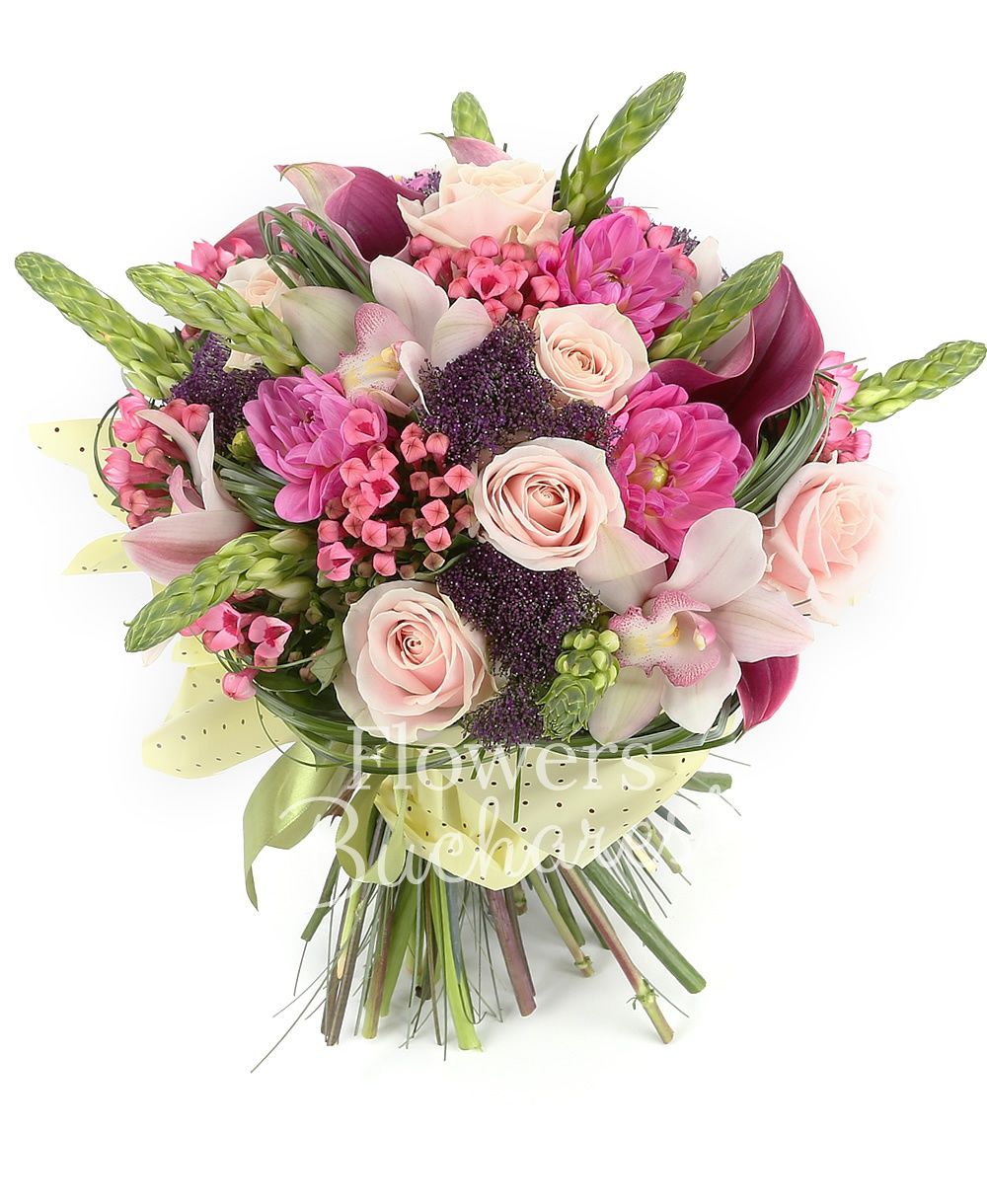 9 white ornithogalum, 7 pink dahlias 7 pink roses, 7 pink bouvardia, 7 pink cala, 7 mauve trachelium, white cymbidium, greenery