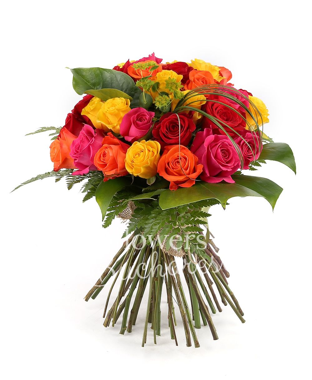 33 multicoloured roses, greenery