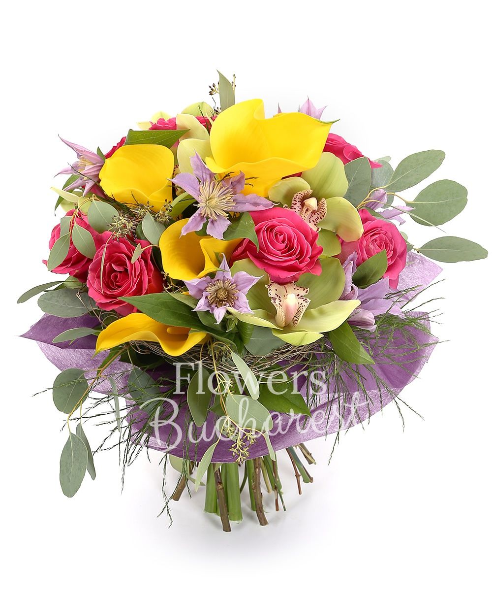 9 cyclam roses, 5 yellow cala, 5 clematis, green cymbidium, greenery