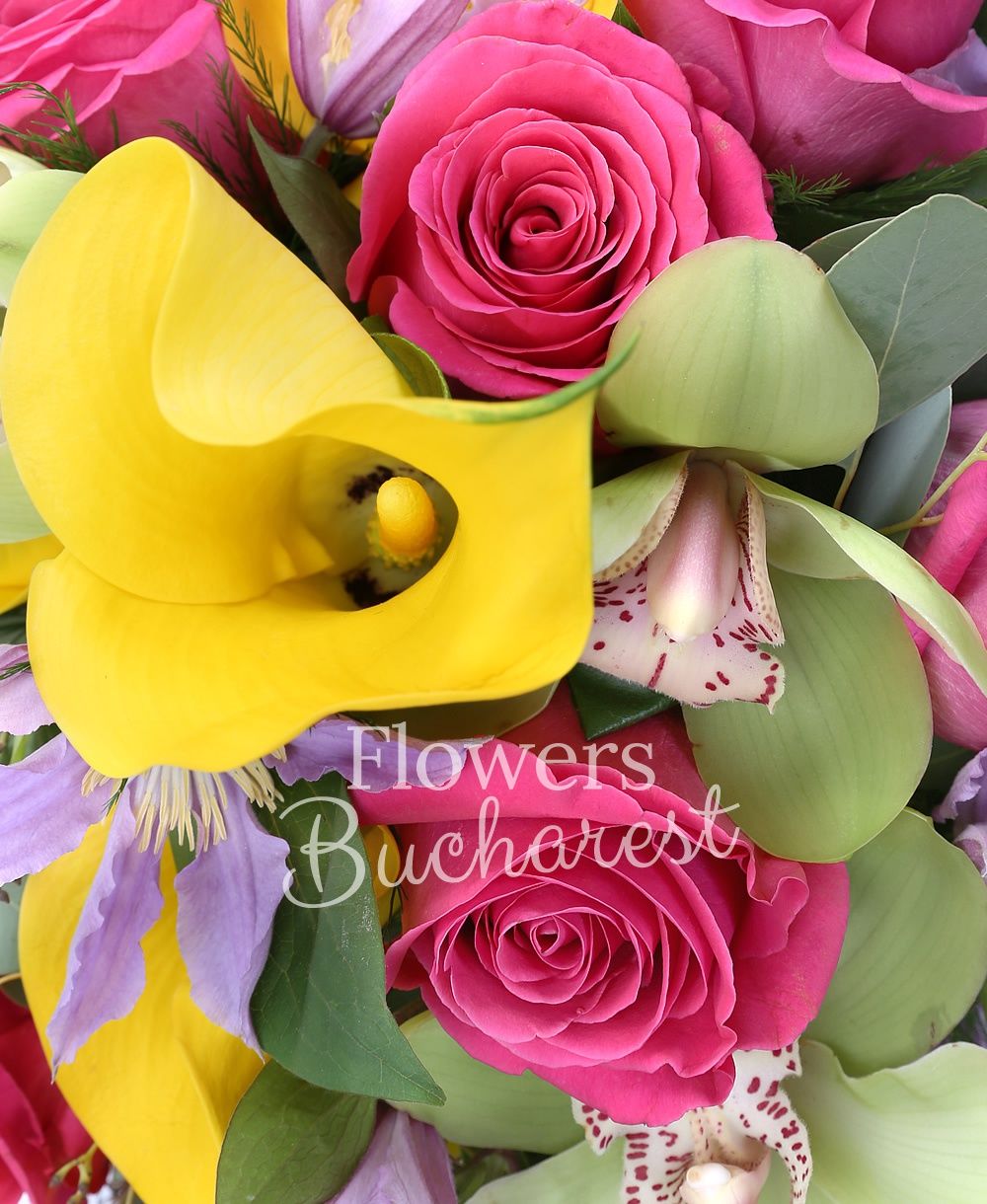 9 cyclam roses, 5 yellow cala, 5 clematis, green cymbidium, greenery