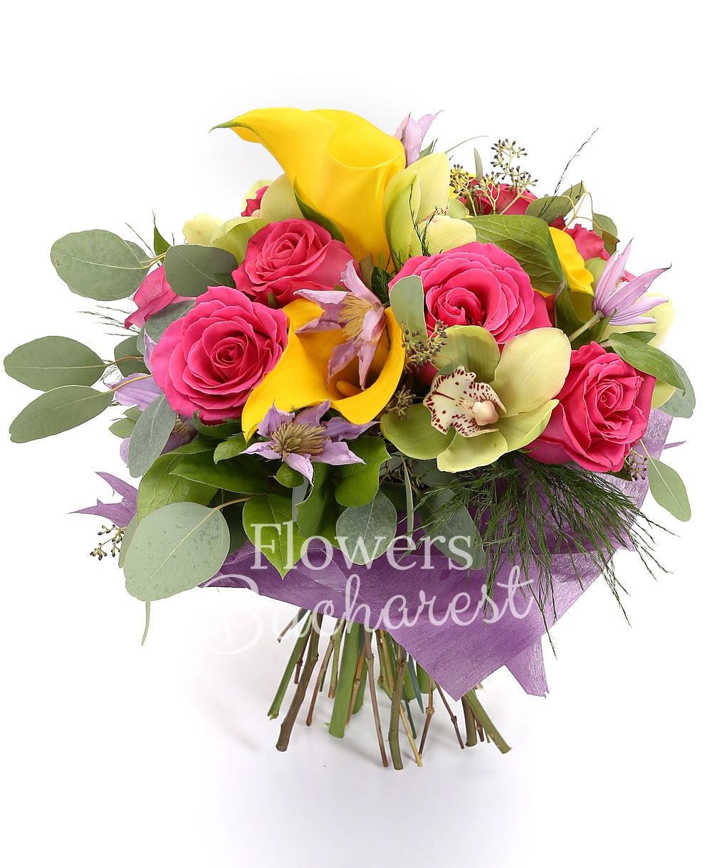 9 cyclam roses, 5 yellow cala, 5 clematis, green cymbidium, greenery