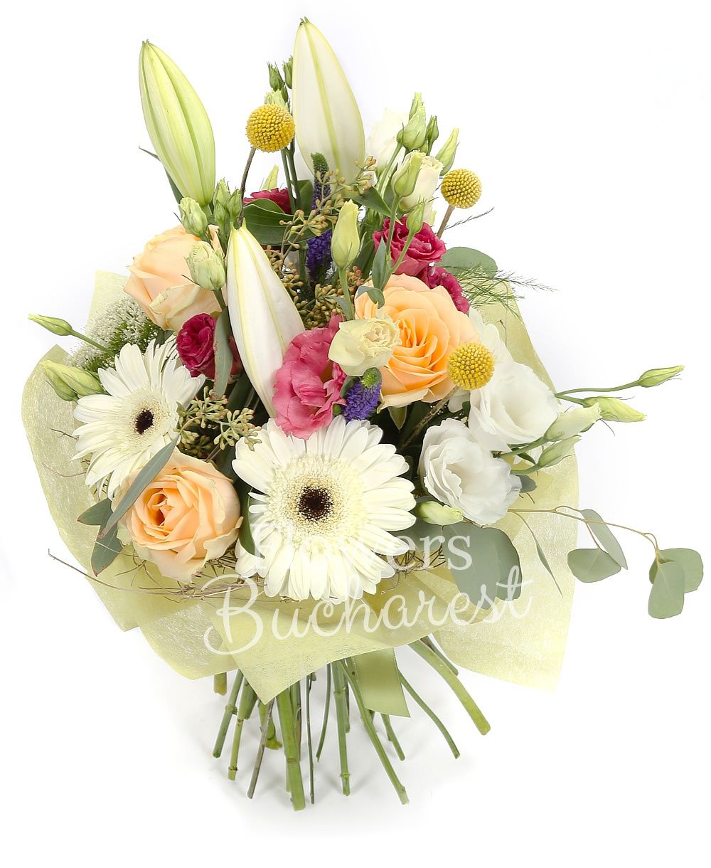 1 white lily, 3 peach roses, 3 white lisianthus, 3 pink lisianthus, 3 white gerberas, 5 veronica, 3 craspedia, 3 white trachelium, greenery