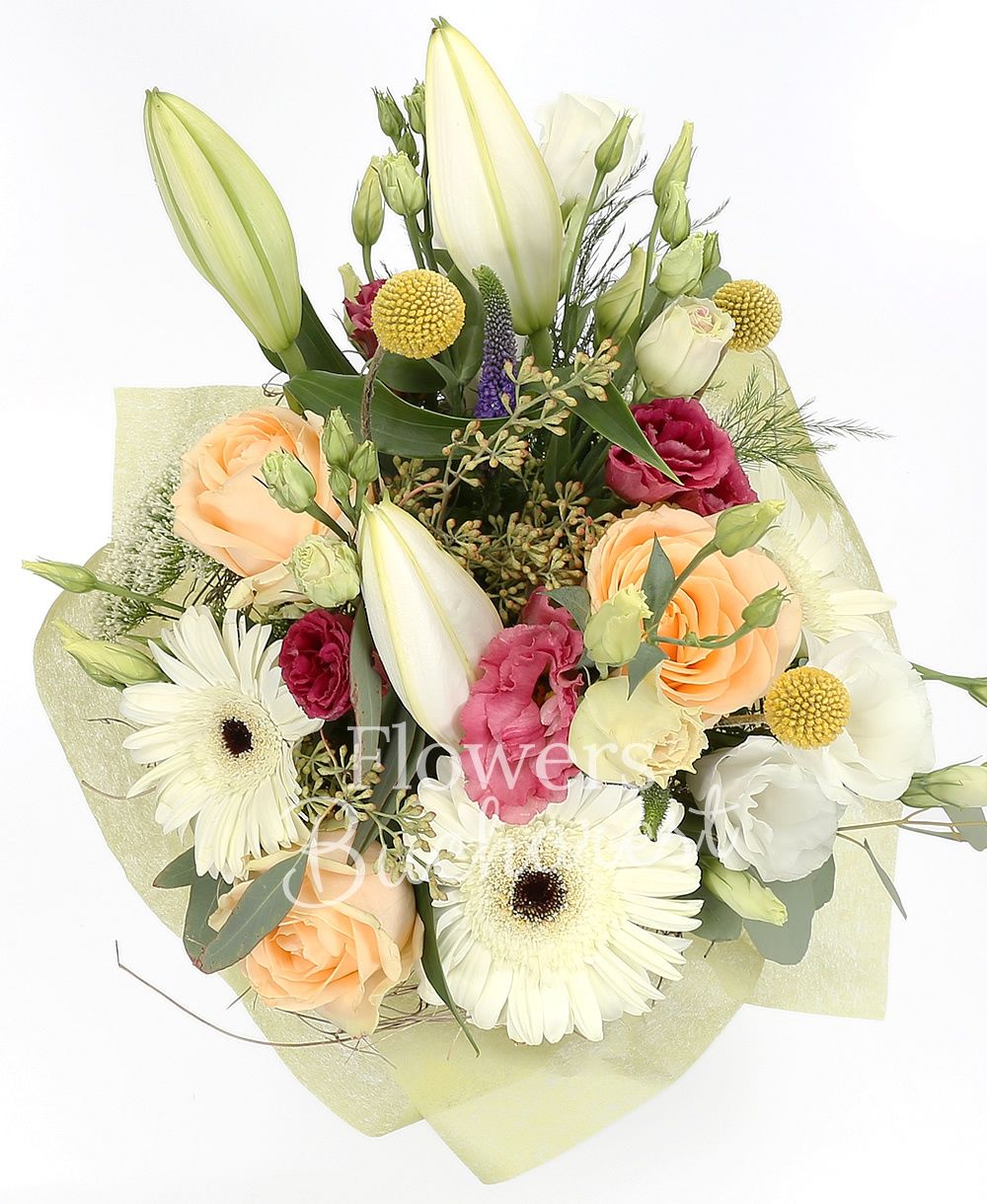 1 white lily, 3 peach roses, 3 white lisianthus, 3 pink lisianthus, 3 white gerberas, 5 veronica, 3 craspedia, 3 white trachelium, greenery