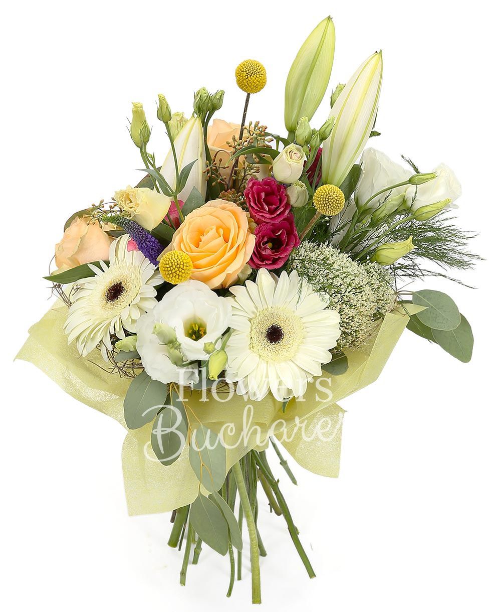 1 white lily, 3 peach roses, 3 white lisianthus, 3 pink lisianthus, 3 white gerberas, 5 veronica, 3 craspedia, 3 white trachelium, greenery