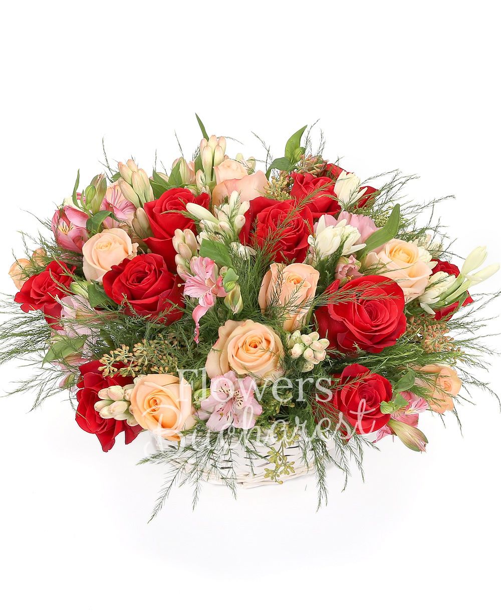 11 cream roses, 12 red roses, 5 pink alstroemeria, 5 white alstroemeria, greenery