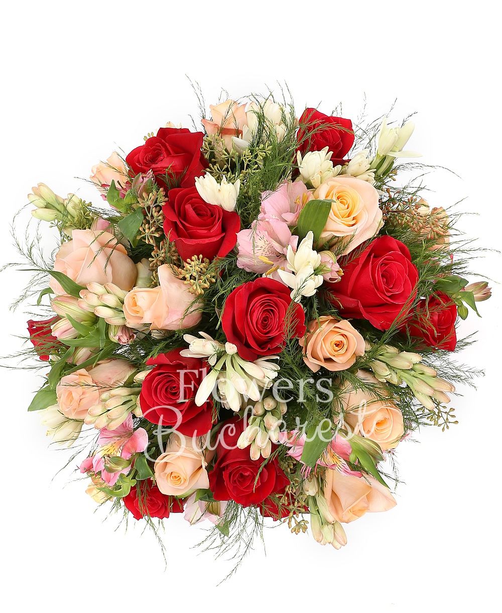 11 cream roses, 12 red roses, 5 pink alstroemeria, 5 white alstroemeria, greenery