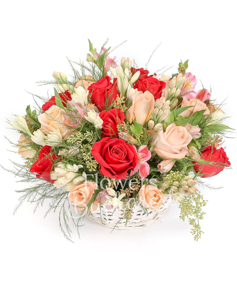 11 cream roses, 12 red roses, 5 pink alstroemeria, 5 white alstroemeria, greenery