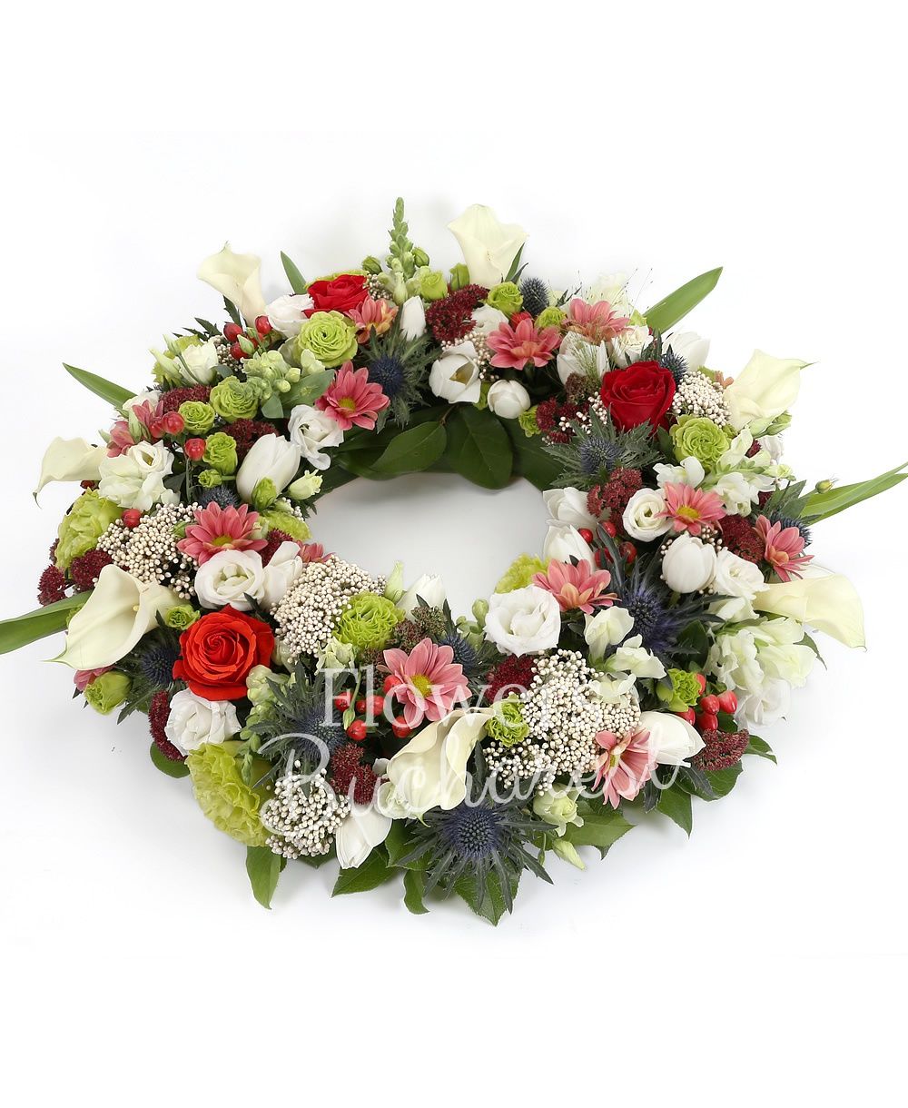 10 white cala, 5 white anthurium, 5 green lisianthus, 5 white lisianthus, 20 white tulips, 5 sedum, 10 rice flower, 10 hypericum, 5 chrysanthemums, 3 eryngium, 5 red roses