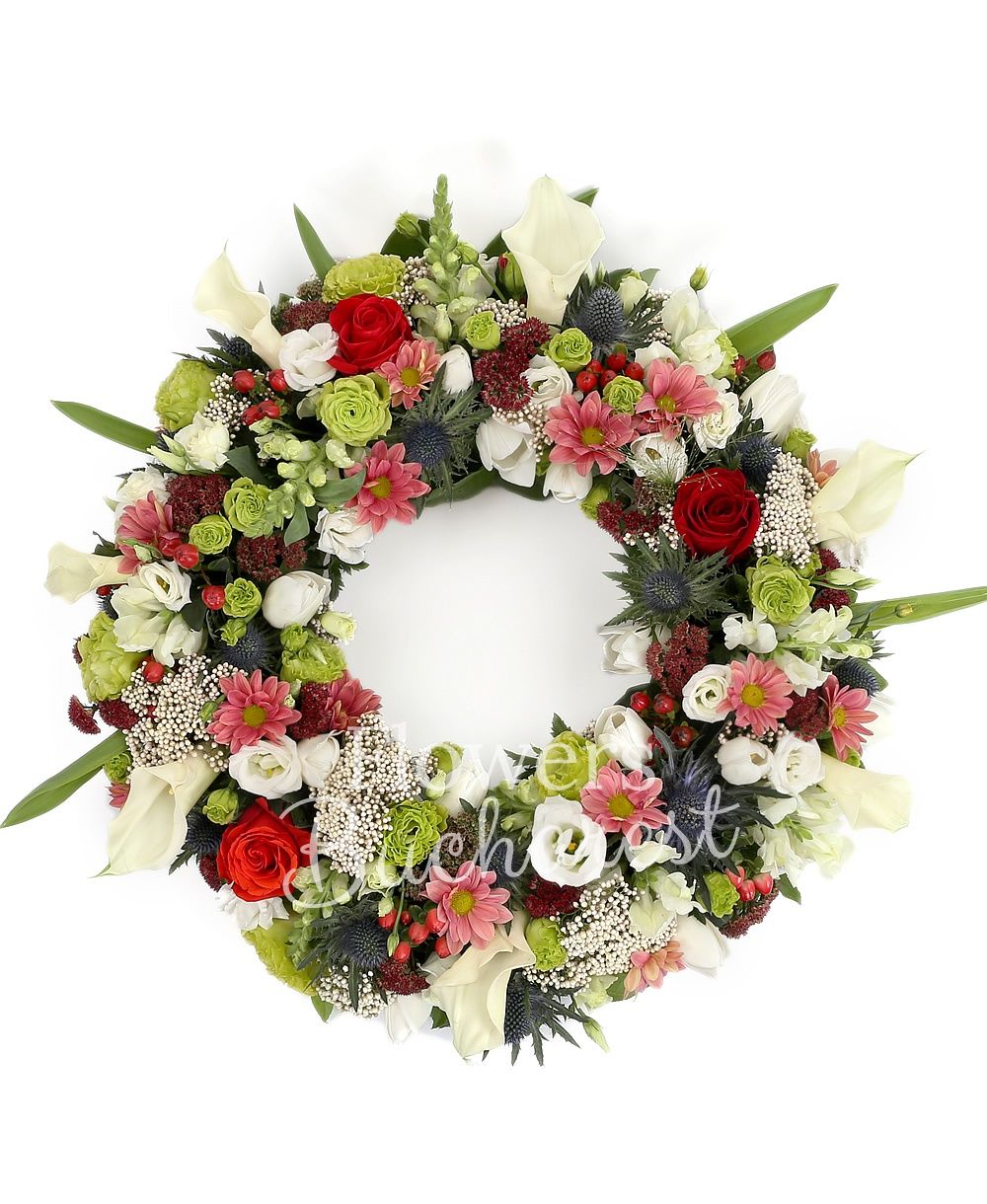 10 white cala, 5 white anthurium, 5 green lisianthus, 5 white lisianthus, 20 white tulips, 5 sedum, 10 rice flower, 10 hypericum, 5 chrysanthemums, 3 eryngium, 5 red roses