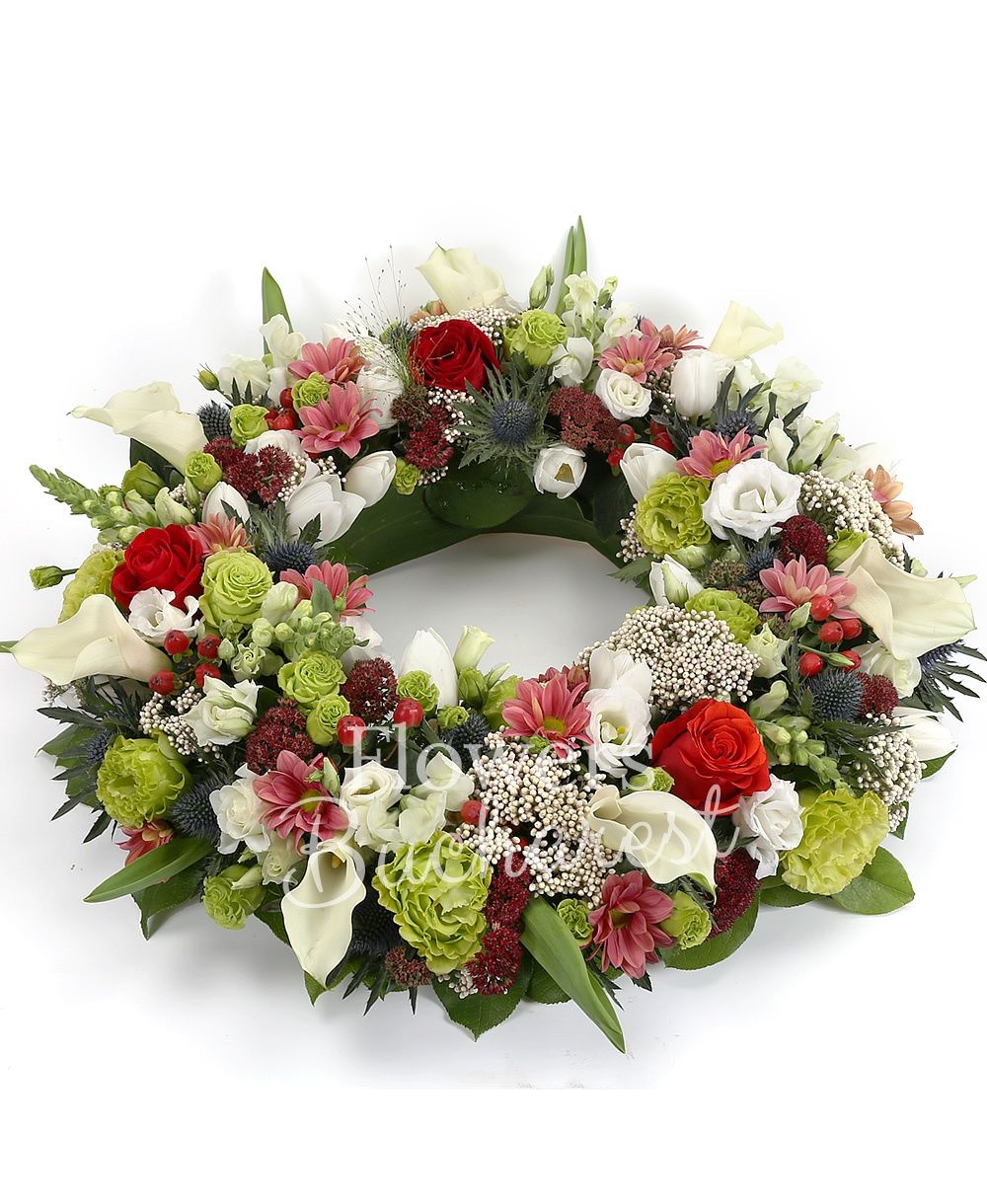 10 white cala, 5 white anthurium, 5 green lisianthus, 5 white lisianthus, 20 white tulips, 5 sedum, 10 rice flower, 10 hypericum, 5 chrysanthemums, 3 eryngium, 5 red roses