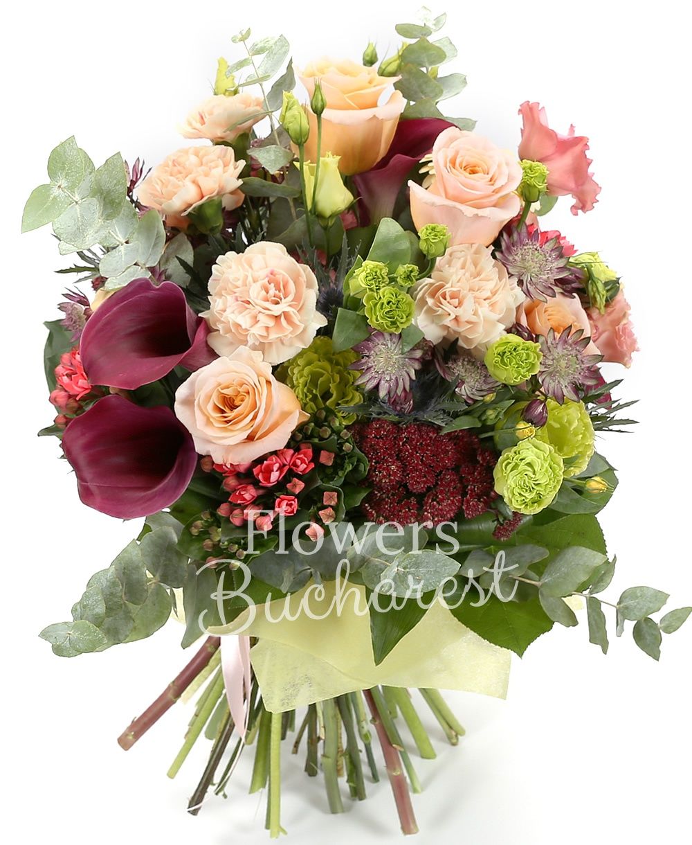 5 creamy roses, 5 creamy carnations, 5 red cala, 5 green lisianthus, 3 alstroemeria, 5 bouvardia, 3 eryngium, 3 pink lisianthus, 3 sedum, 3 cream gerbera, greenery