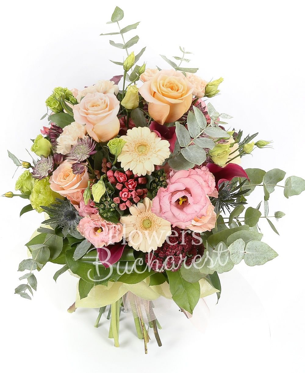 5 creamy roses, 5 creamy carnations, 5 red cala, 5 green lisianthus, 3 alstroemeria, 5 bouvardia, 3 eryngium, 3 pink lisianthus, 3 sedum, 3 cream gerbera, greenery