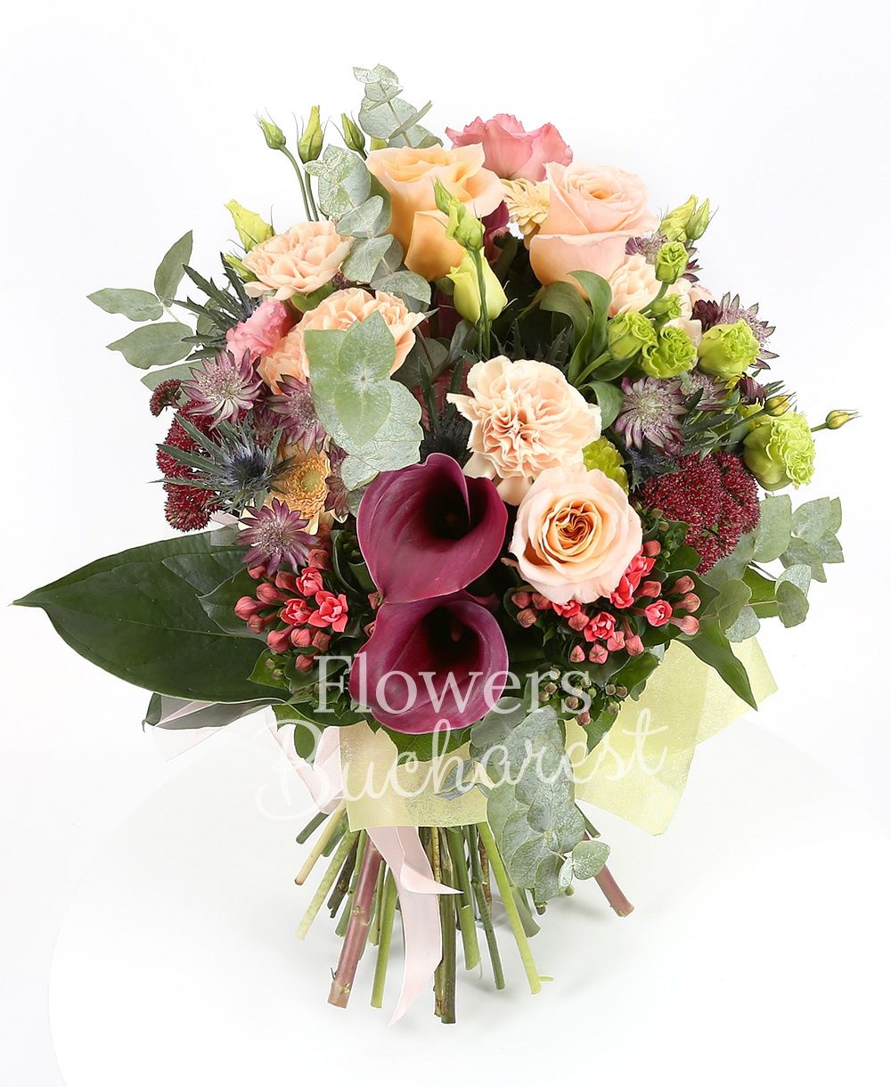 5 creamy roses, 5 creamy carnations, 5 red cala, 5 green lisianthus, 3 alstroemeria, 5 bouvardia, 3 eryngium, 3 pink lisianthus, 3 sedum, 3 cream gerbera, greenery