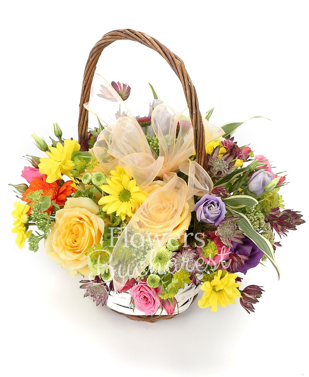 3 yellow roses, 2 orange gerberas, 2 white santini, 2 pink miniroses, 2 mauve lisianthus, 3 astranția, 3 sedum, greenery