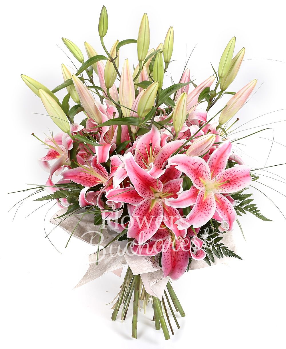 7 pink lilies, greenery