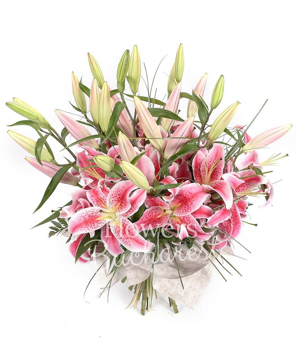 7 pink lilies, greenery