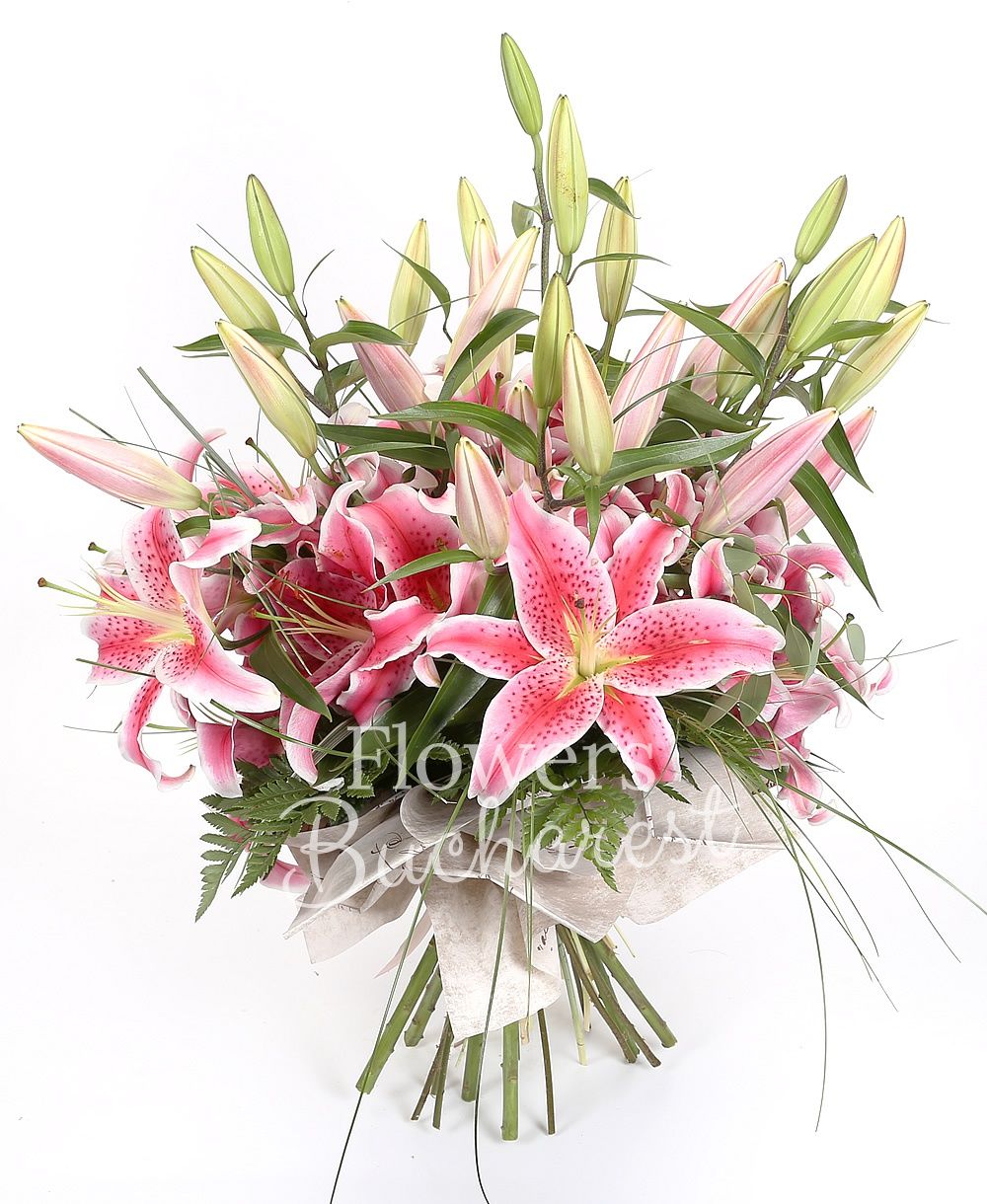 7 pink lilies, greenery