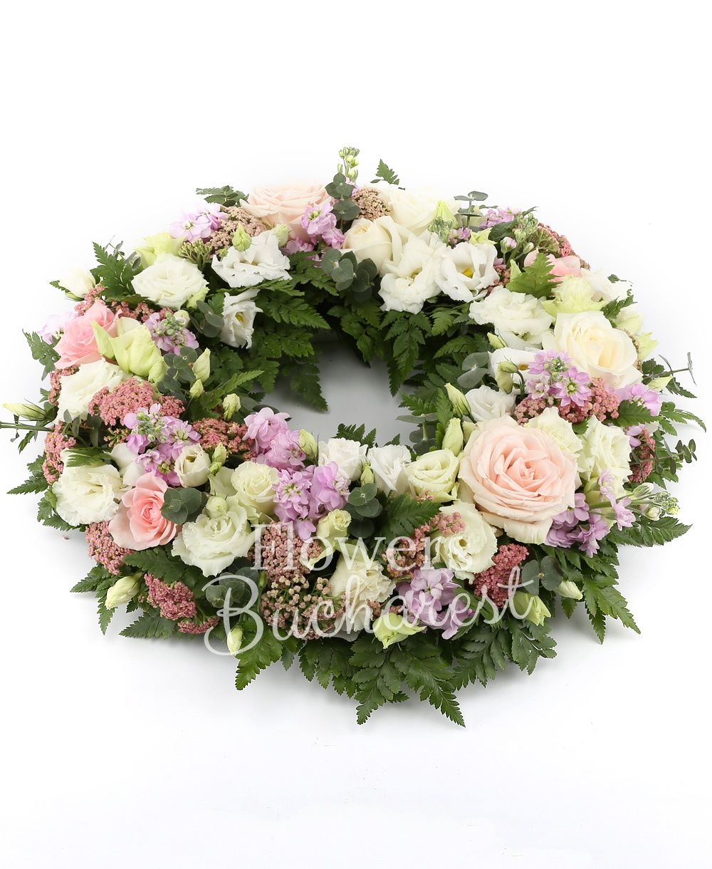 10 matthiola, 10 pink roses, 10 white lisianthus, 20 pink achillea, greenery