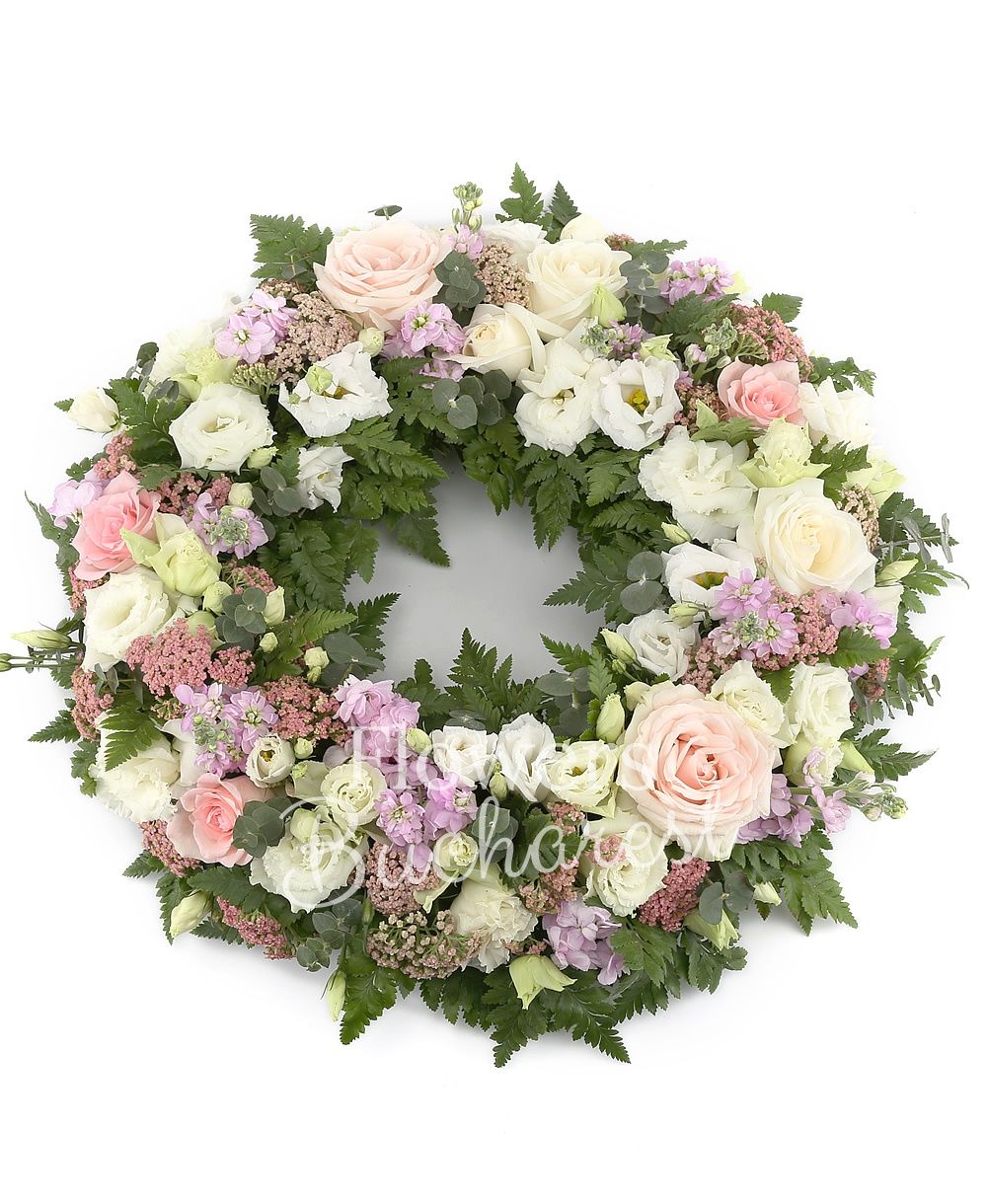 10 matthiola, 10 pink roses, 10 white lisianthus, 20 pink achillea, greenery