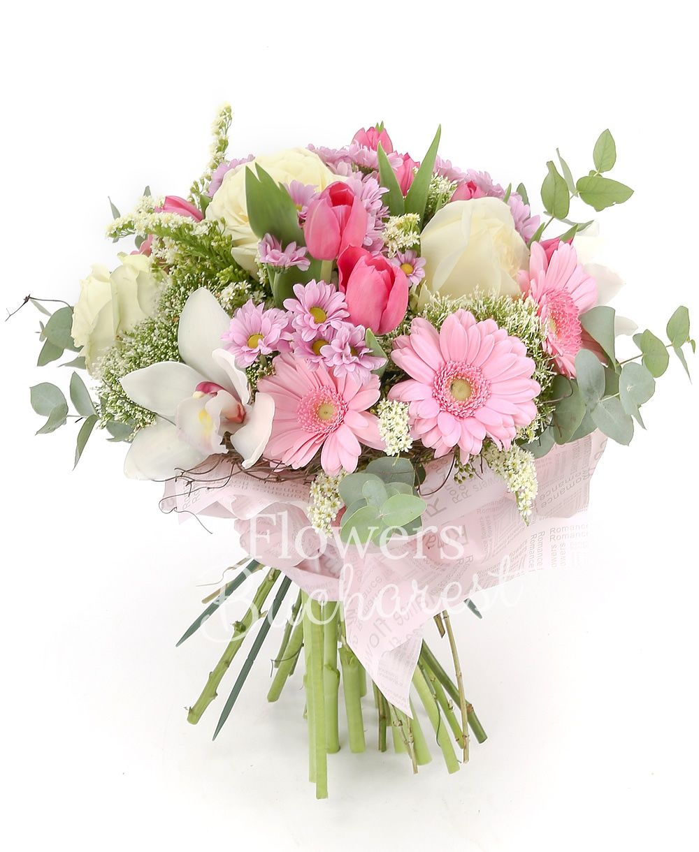3 white roses, 5 pink gerberas, white cymbidium, 10 pink tulips, 4 white trachelium, 5 pink santini, 2 solidago, greenery