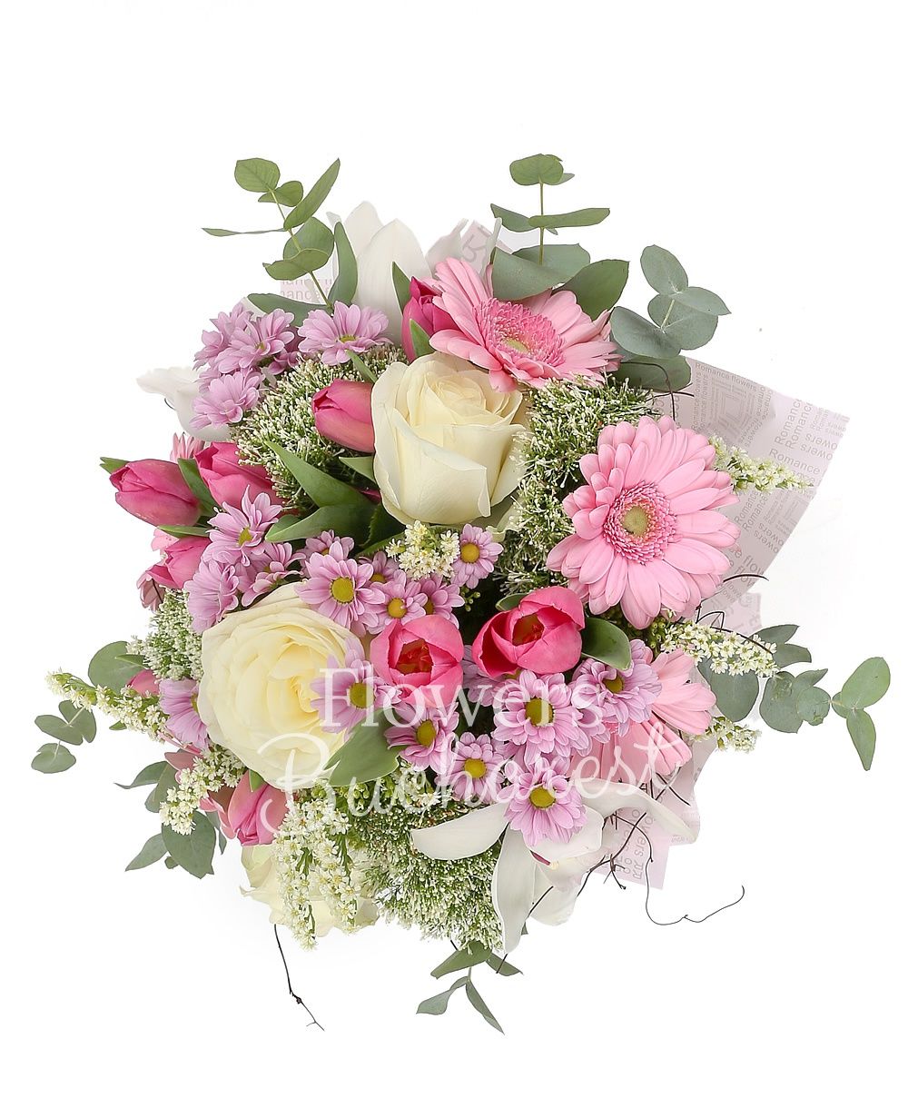 3 white roses, 5 pink gerberas, white cymbidium, 10 pink tulips, 4 white trachelium, 5 pink santini, 2 solidago, greenery