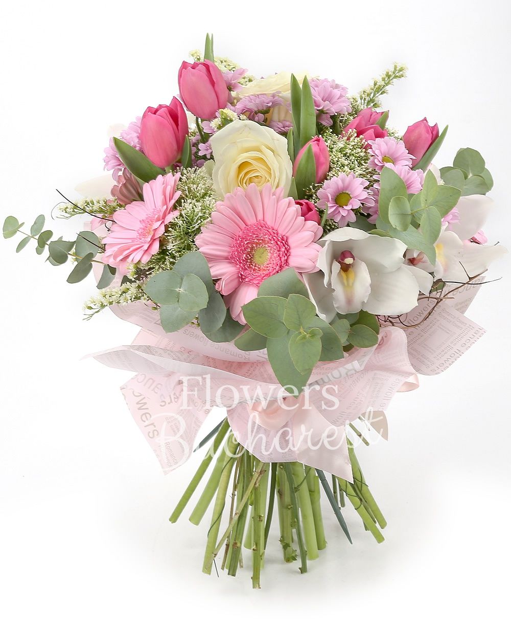 3 white roses, 5 pink gerberas, white cymbidium, 10 pink tulips, 4 white trachelium, 5 pink santini, 2 solidago, greenery