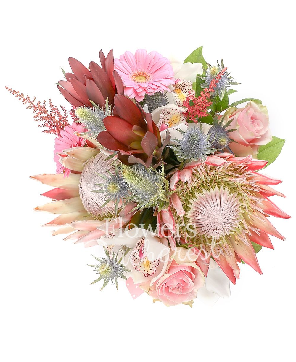 2 proteea, 2 leucadendron, 3 pink roses, 2 pink gerbera, white cymbidium, 2 eryngium, 2 garnet astilbe, greenery