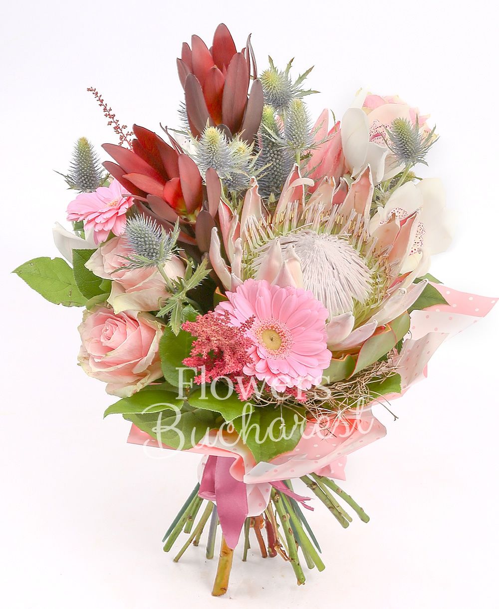 2 proteea, 2 leucadendron, 3 pink roses, 2 pink gerbera, white cymbidium, 2 eryngium, 2 garnet astilbe, greenery