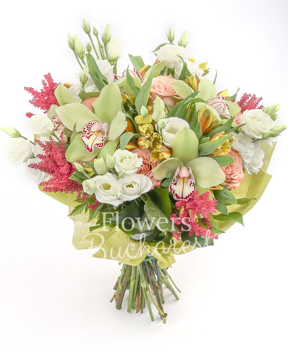 5 cappuccino roses, 5 white lisianthus, 5 yellow alstroemeria, green cymbidium, 5 garnet astilbe, greenery