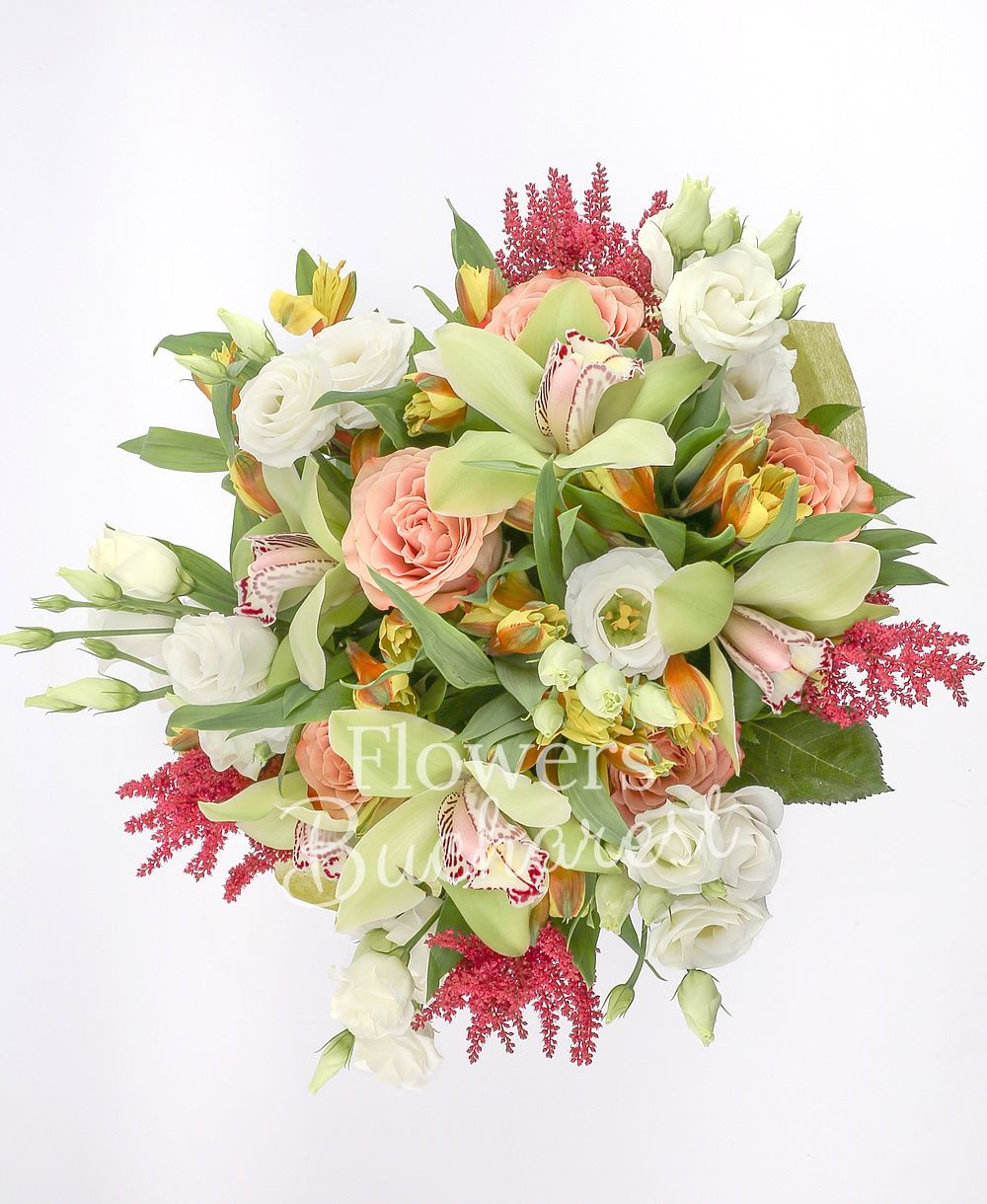 5 cappuccino roses, 5 white lisianthus, 5 yellow alstroemeria, green cymbidium, 5 garnet astilbe, greenery