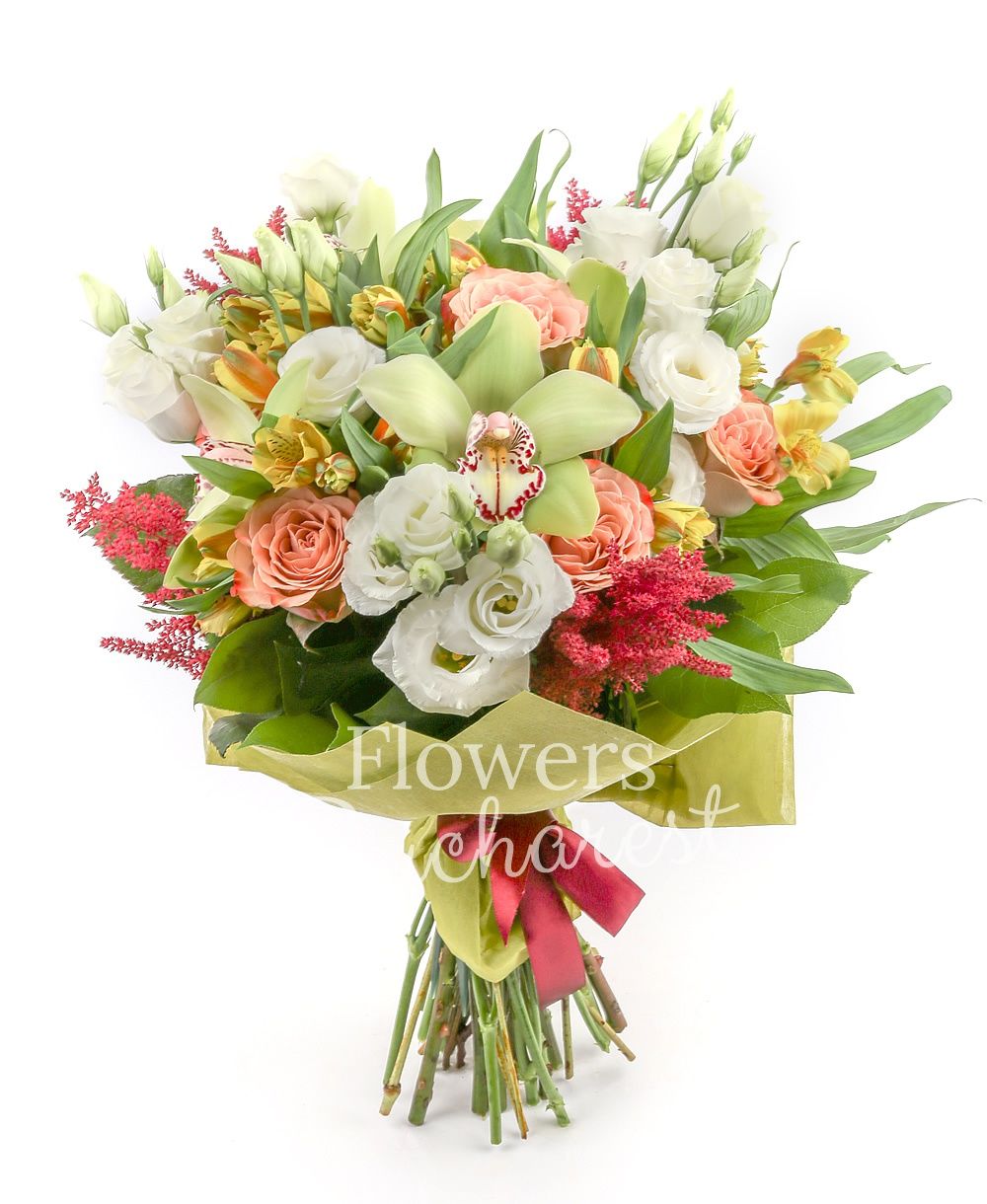 5 cappuccino roses, 5 white lisianthus, 5 yellow alstroemeria, green cymbidium, 5 garnet astilbe, greenery