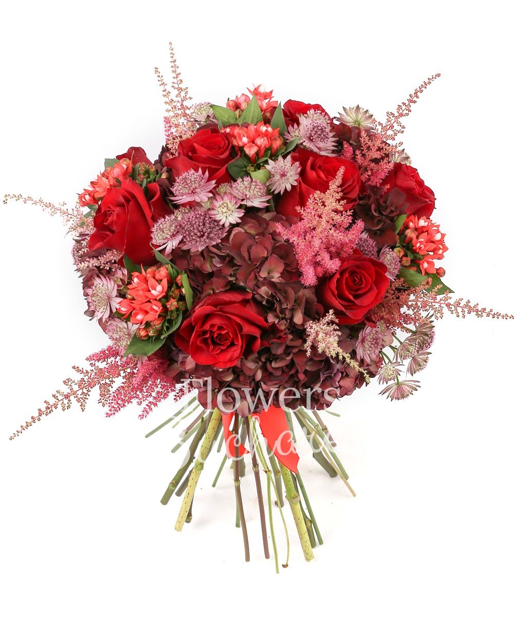 9 red roses, 3 garnet hydrangeas, 4 red bouvardia, 9 garnet astilbe, 5 garnet astranția