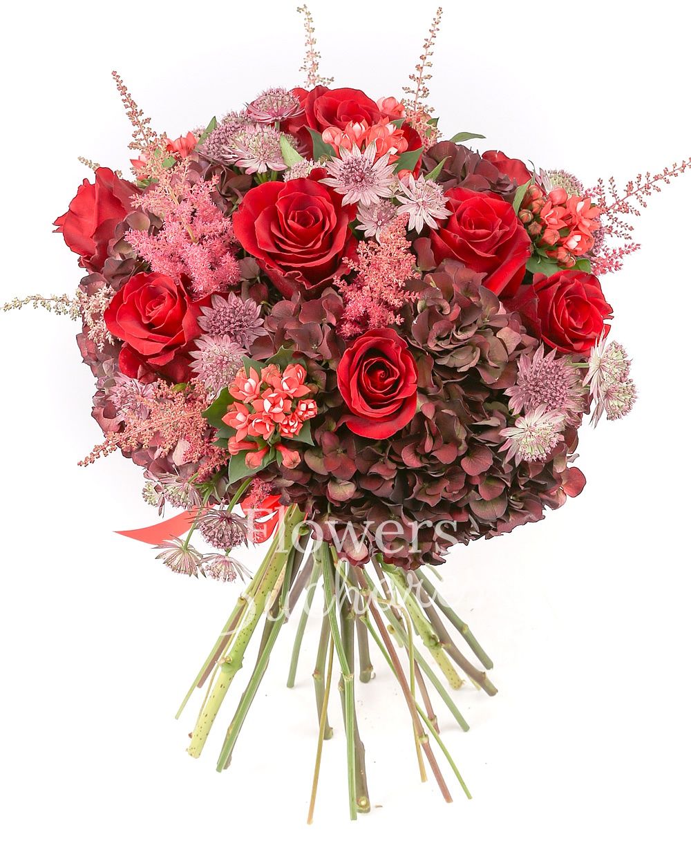 9 red roses, 3 garnet hydrangeas, 4 red bouvardia, 9 garnet astilbe, 5 garnet astranția