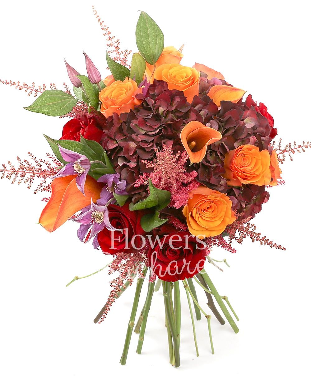 7 orange roses, 5 red roses, 3 garnet hydrangeas, 5 mango cala, 7 pink astilbe, 2 clematis