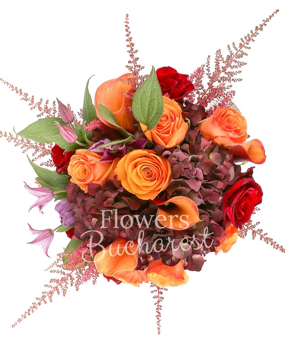 7 orange roses, 5 red roses, 3 garnet hydrangeas, 5 mango cala, 7 pink astilbe, 2 clematis