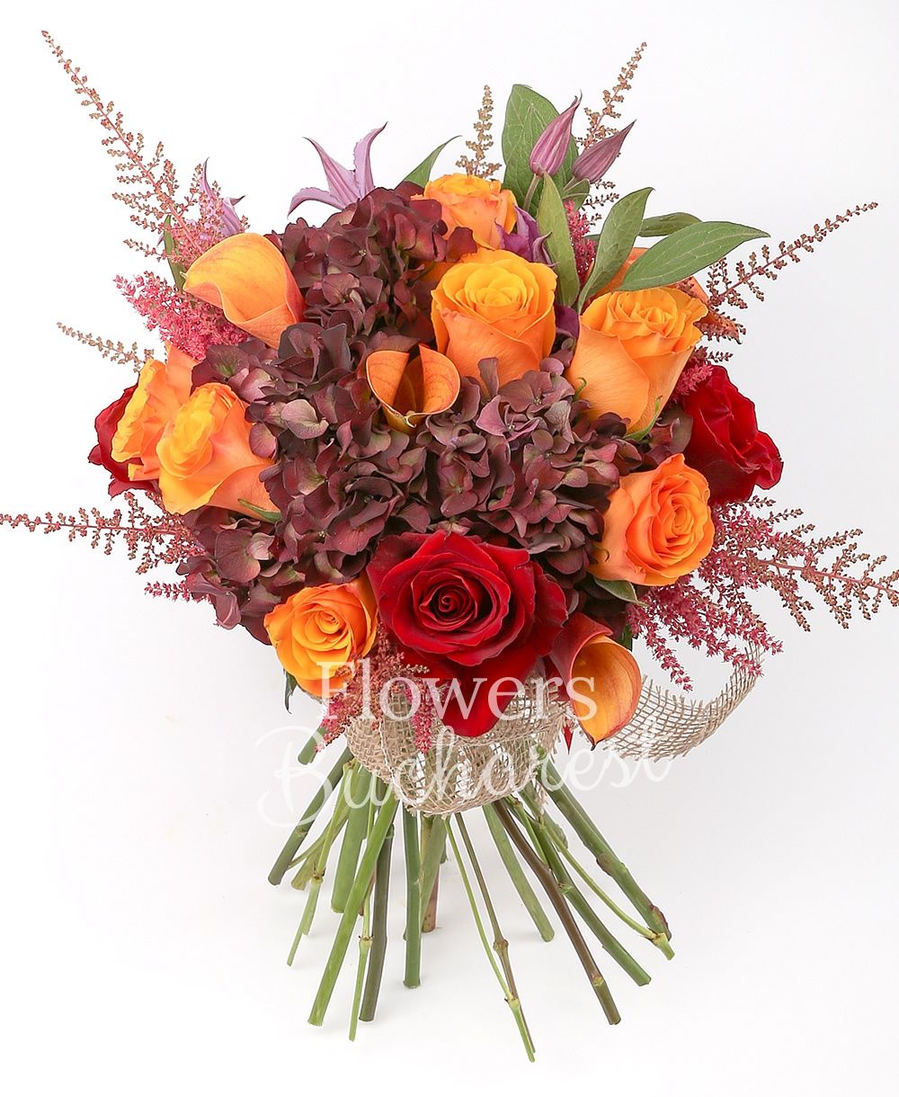 7 orange roses, 5 red roses, 3 garnet hydrangeas, 5 mango cala, 7 pink astilbe, 2 clematis