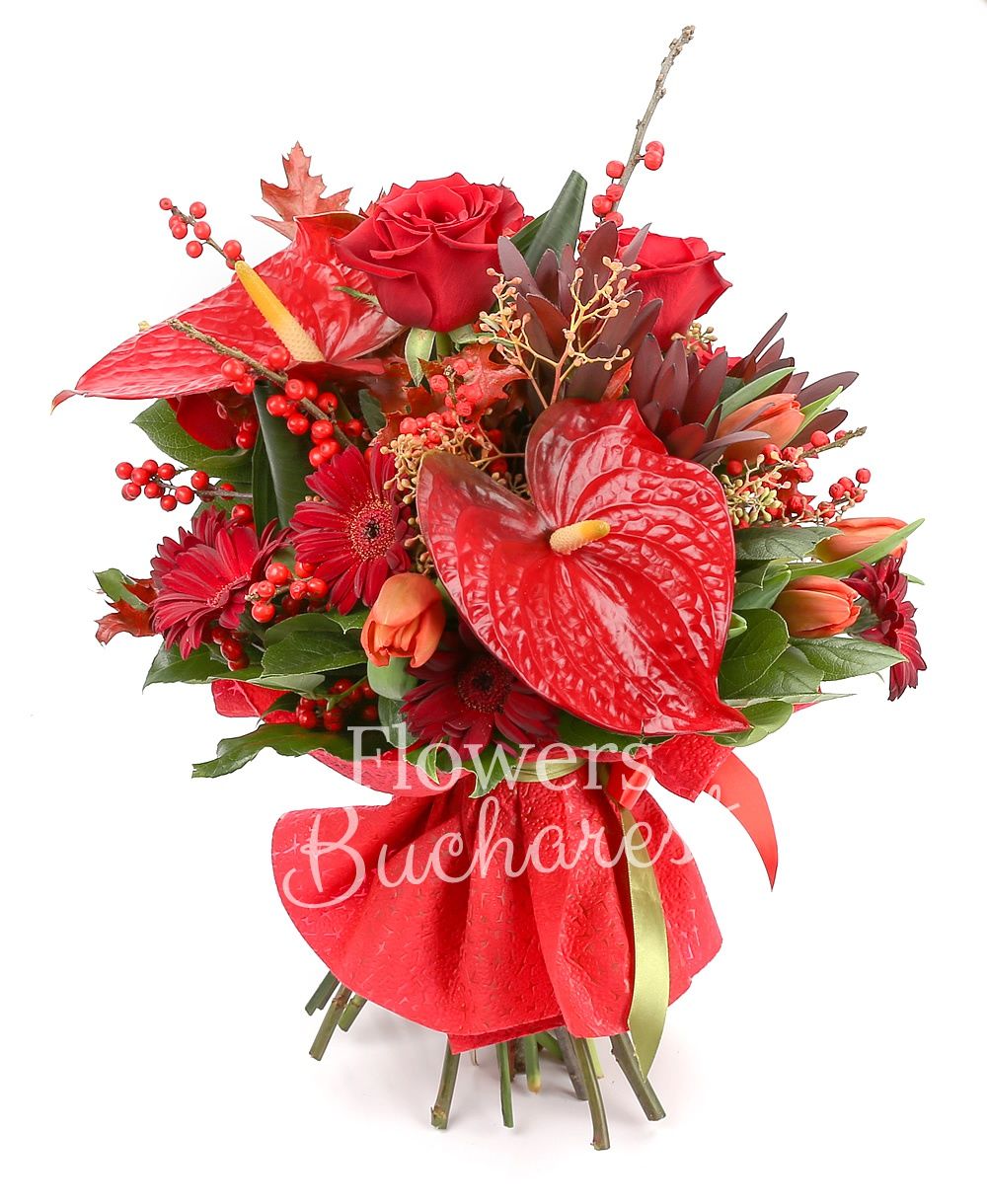 5 red roses, 3 leucadendrons, 5 red gerberas, 5 red tulips, 2 red anthurium, 3 ilex, greenery