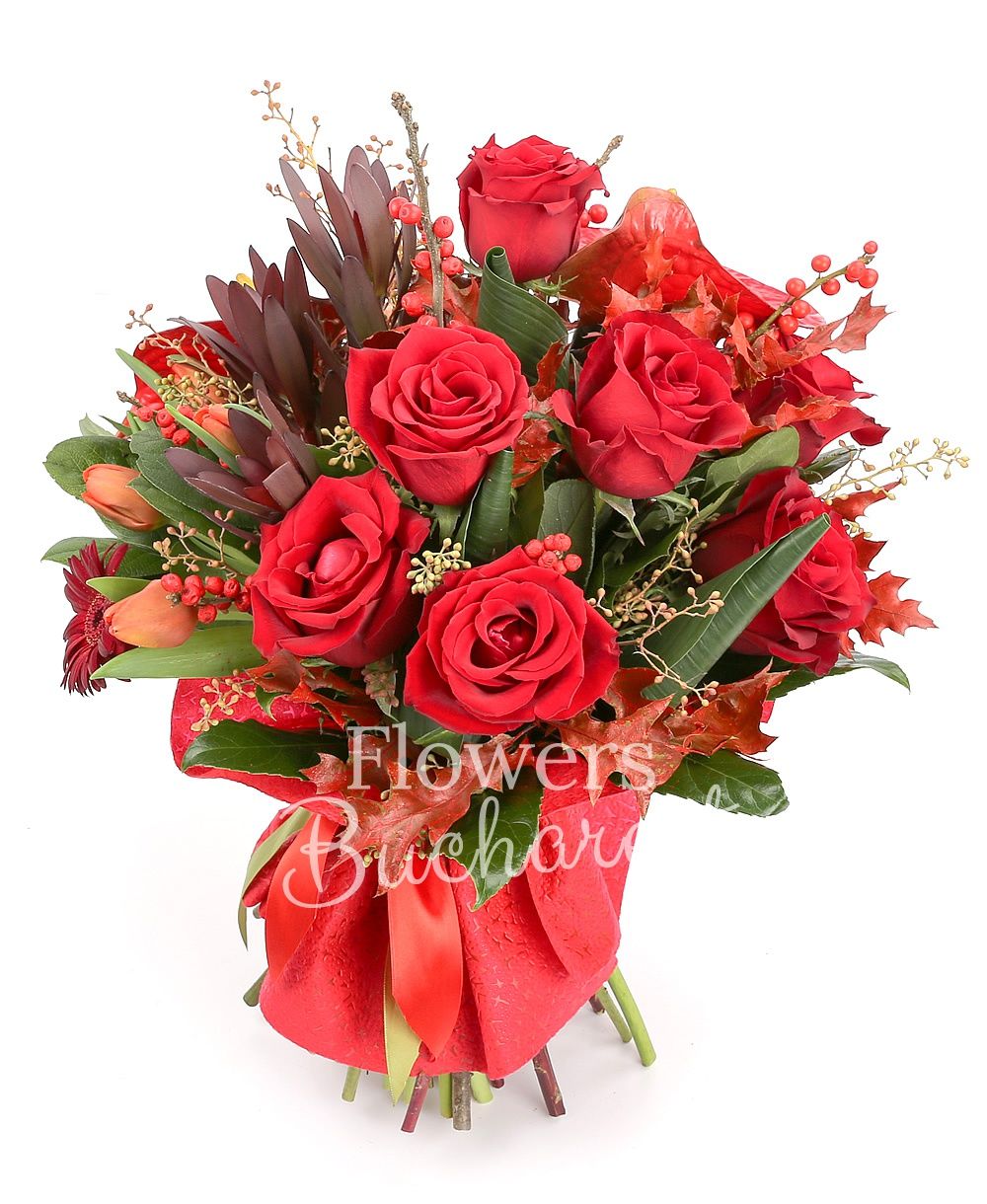 5 red roses, 3 leucadendrons, 5 red gerberas, 5 red tulips, 2 red anthurium, 3 ilex, greenery