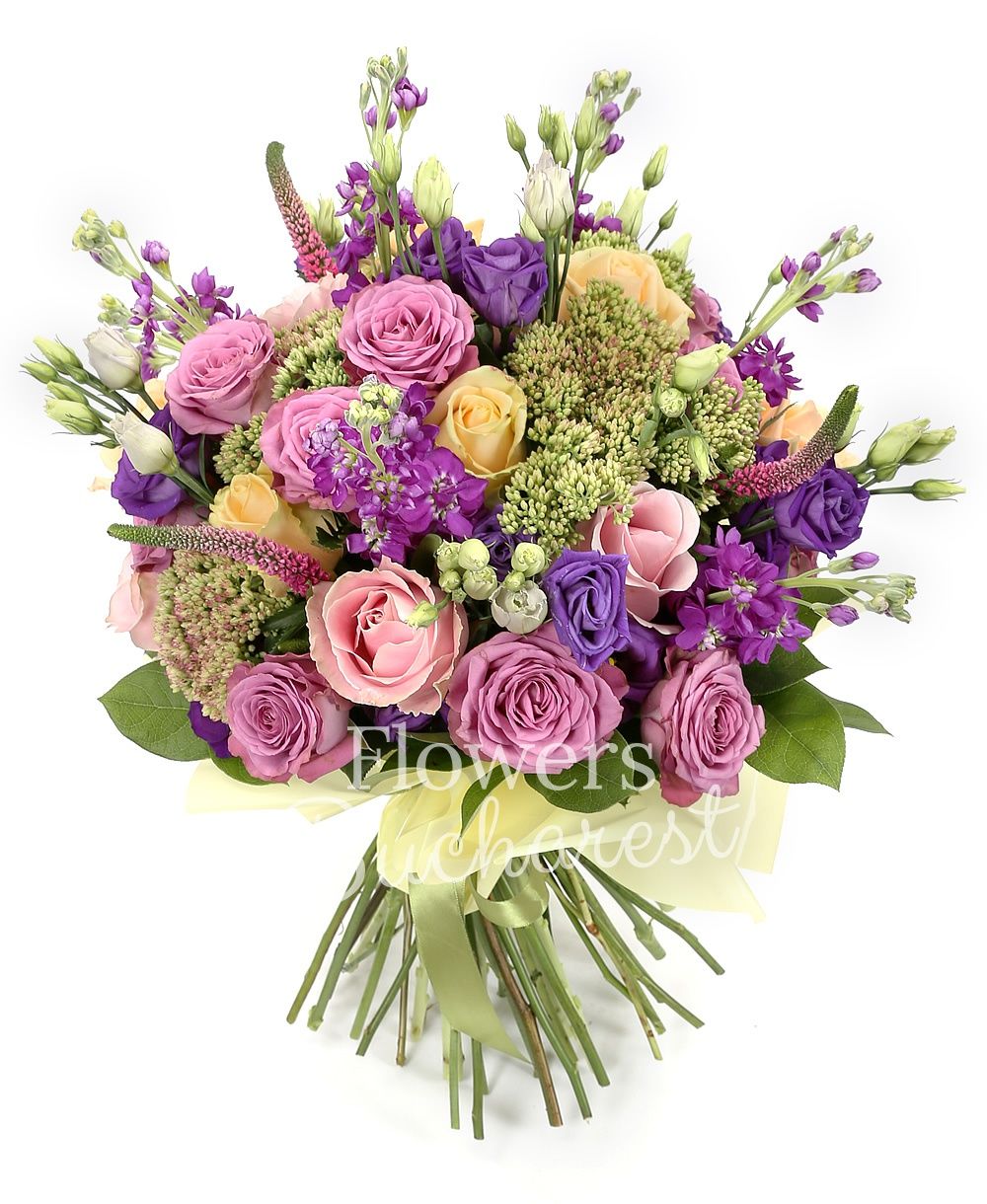 9 purple roses, 7 banana roses, 5 pink roses, 7 purple matthiola, 6 purple lisianthus, 5 sedum, greenery