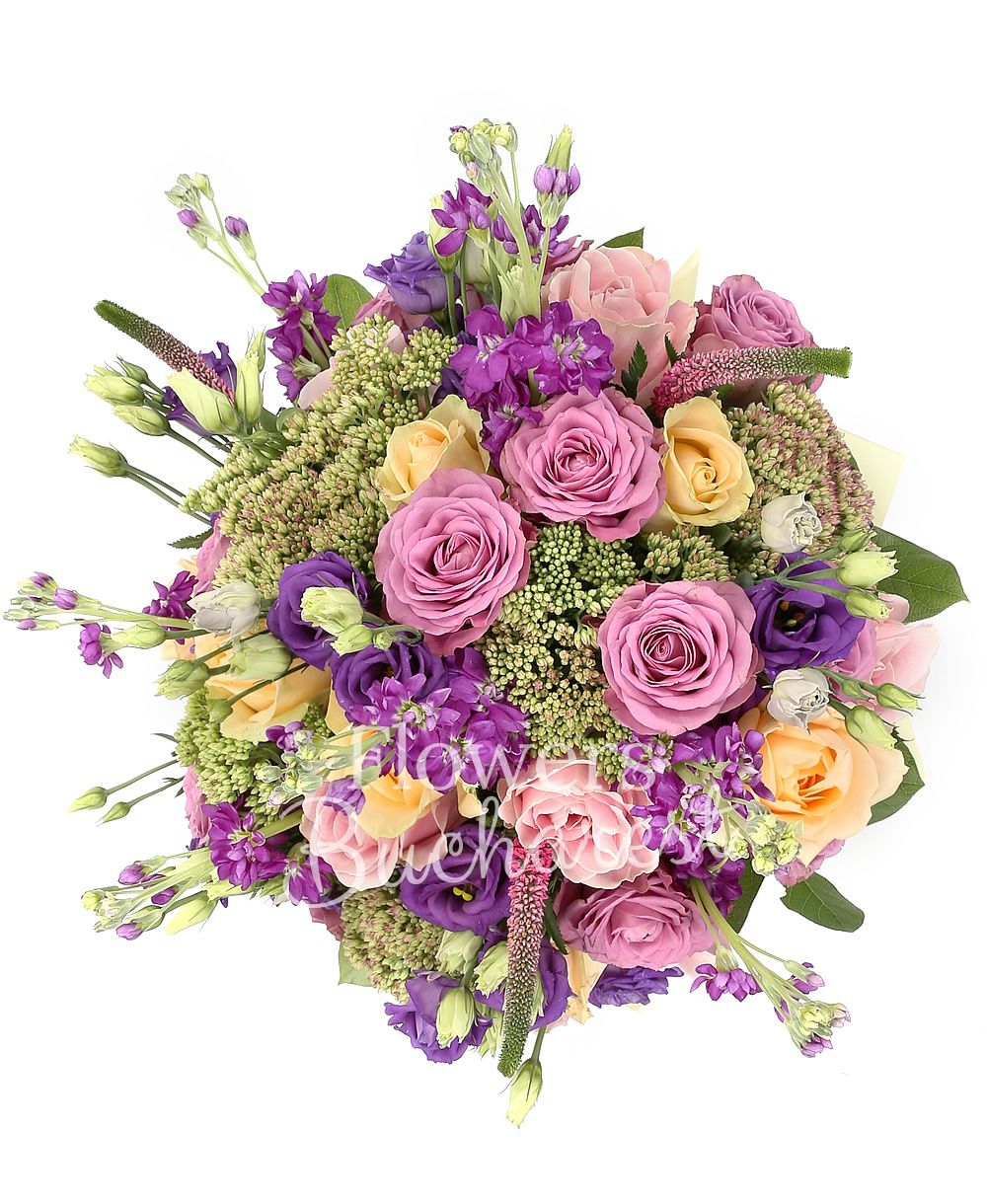 9 purple roses, 7 banana roses, 5 pink roses, 7 purple matthiola, 6 purple lisianthus, 5 sedum, greenery