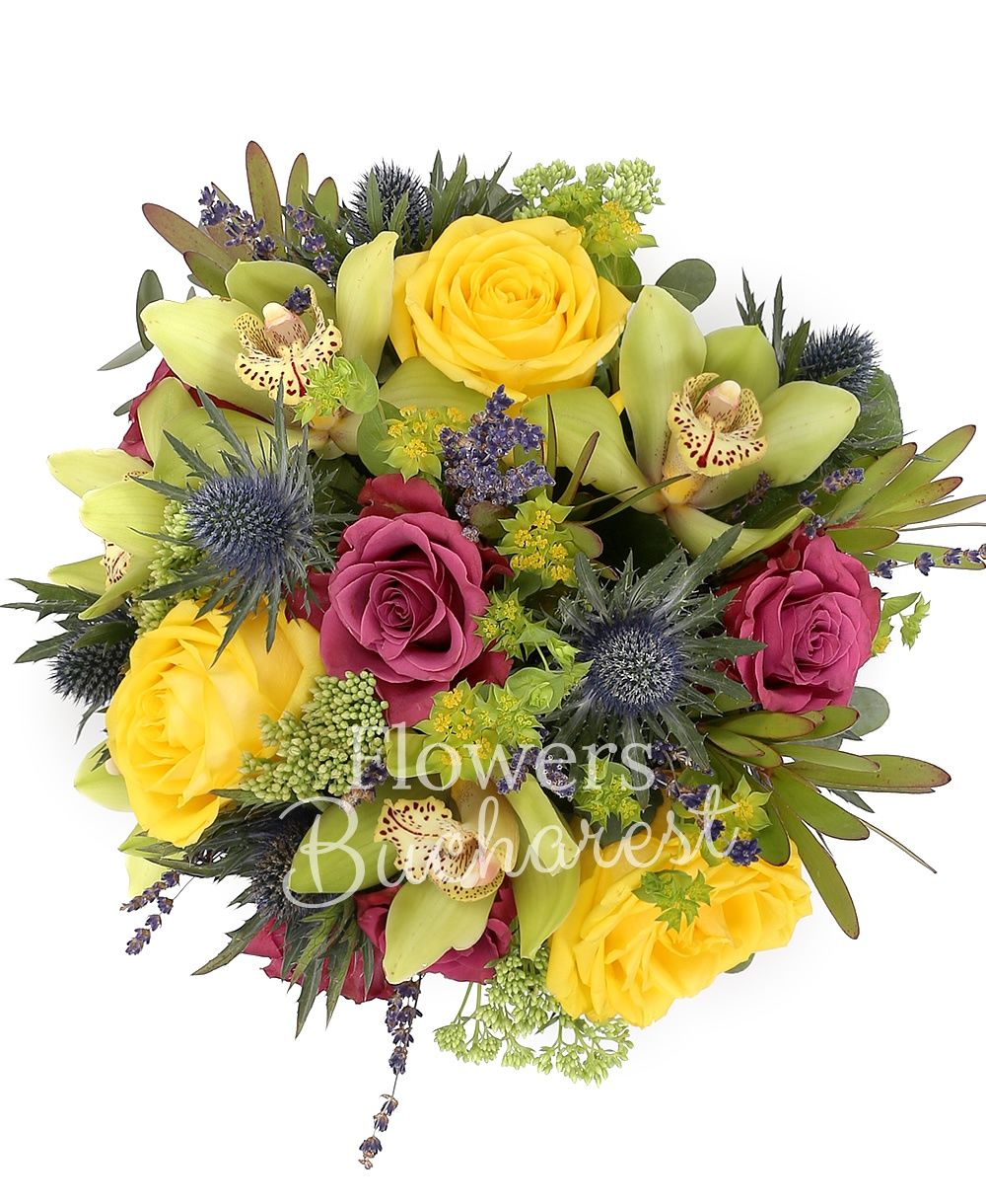 3 yellow roses, 5 purple roses, green cymbidium, 2 eryngium, 3 sedum, 3 leucadendron, greenery