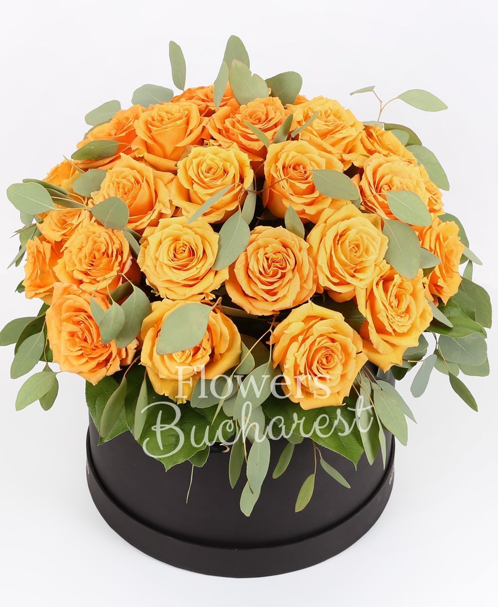 29 orange roses, greenery